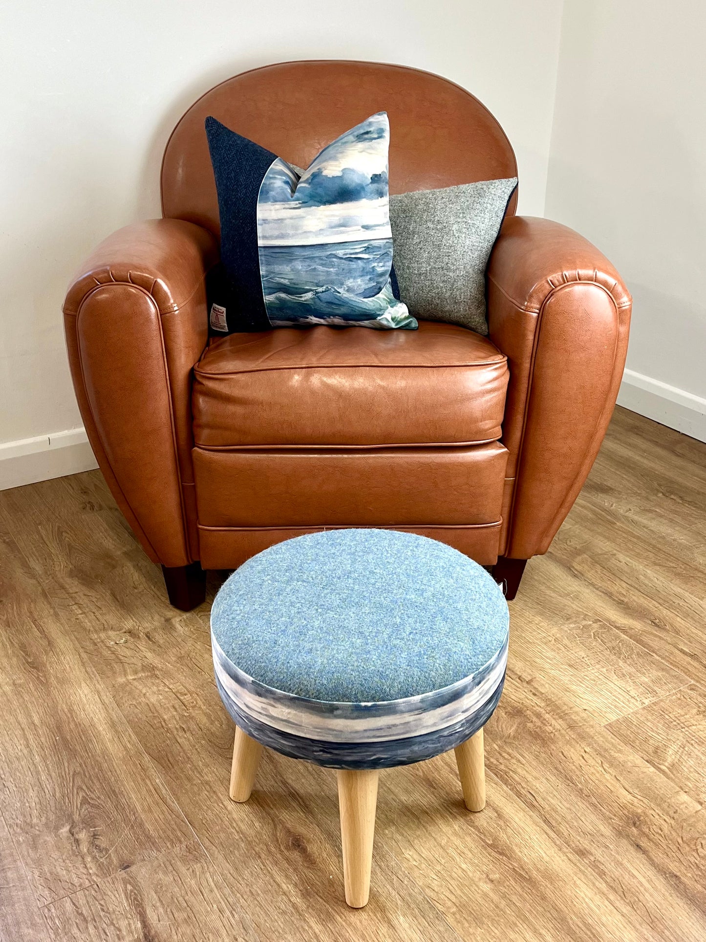 Sheigra Sea Velvet and Light Blue Harris Tweed Footstool
