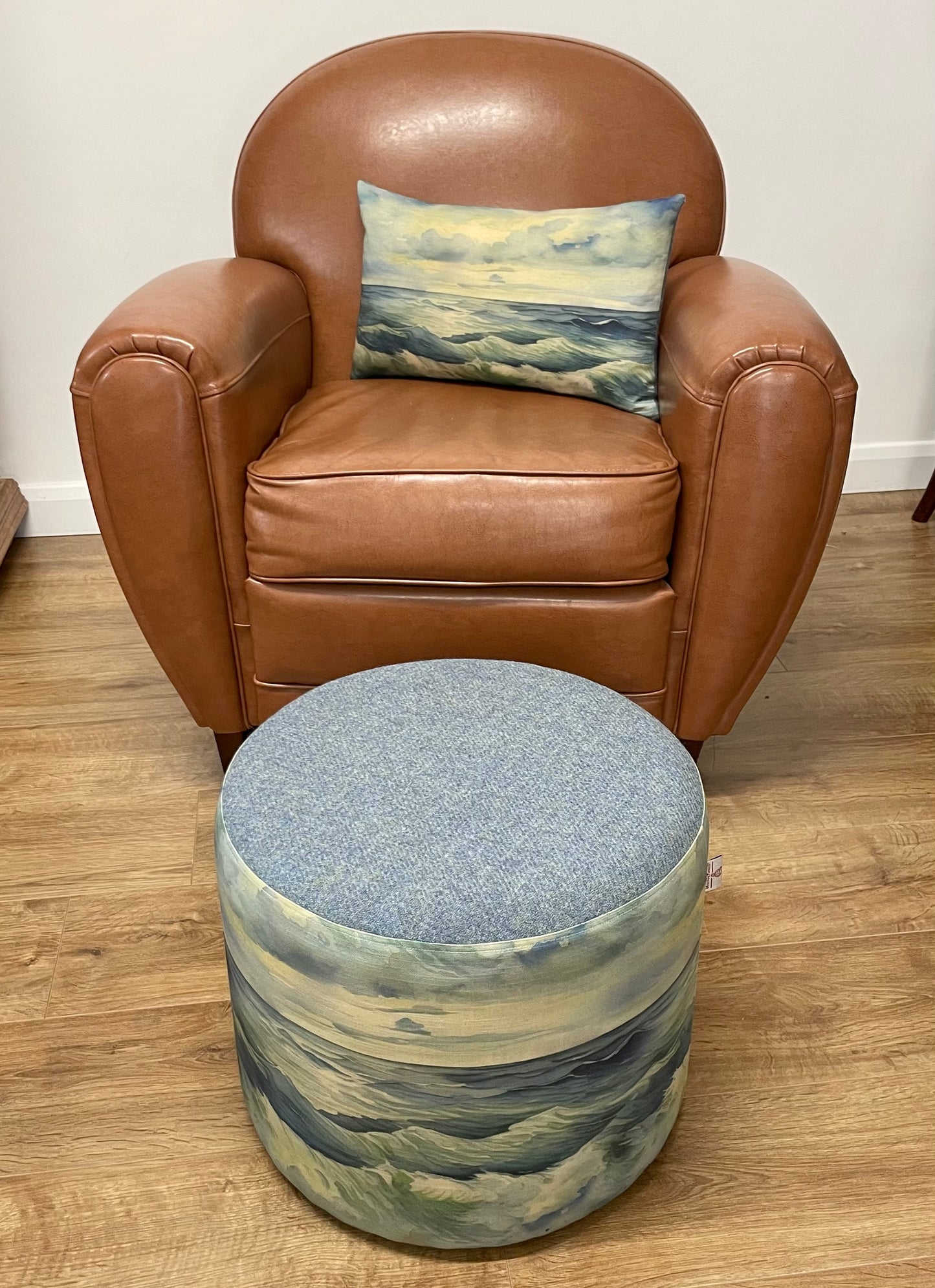 Stormy Sea Linen and Light Blue Harris Tweed Floating Footstool