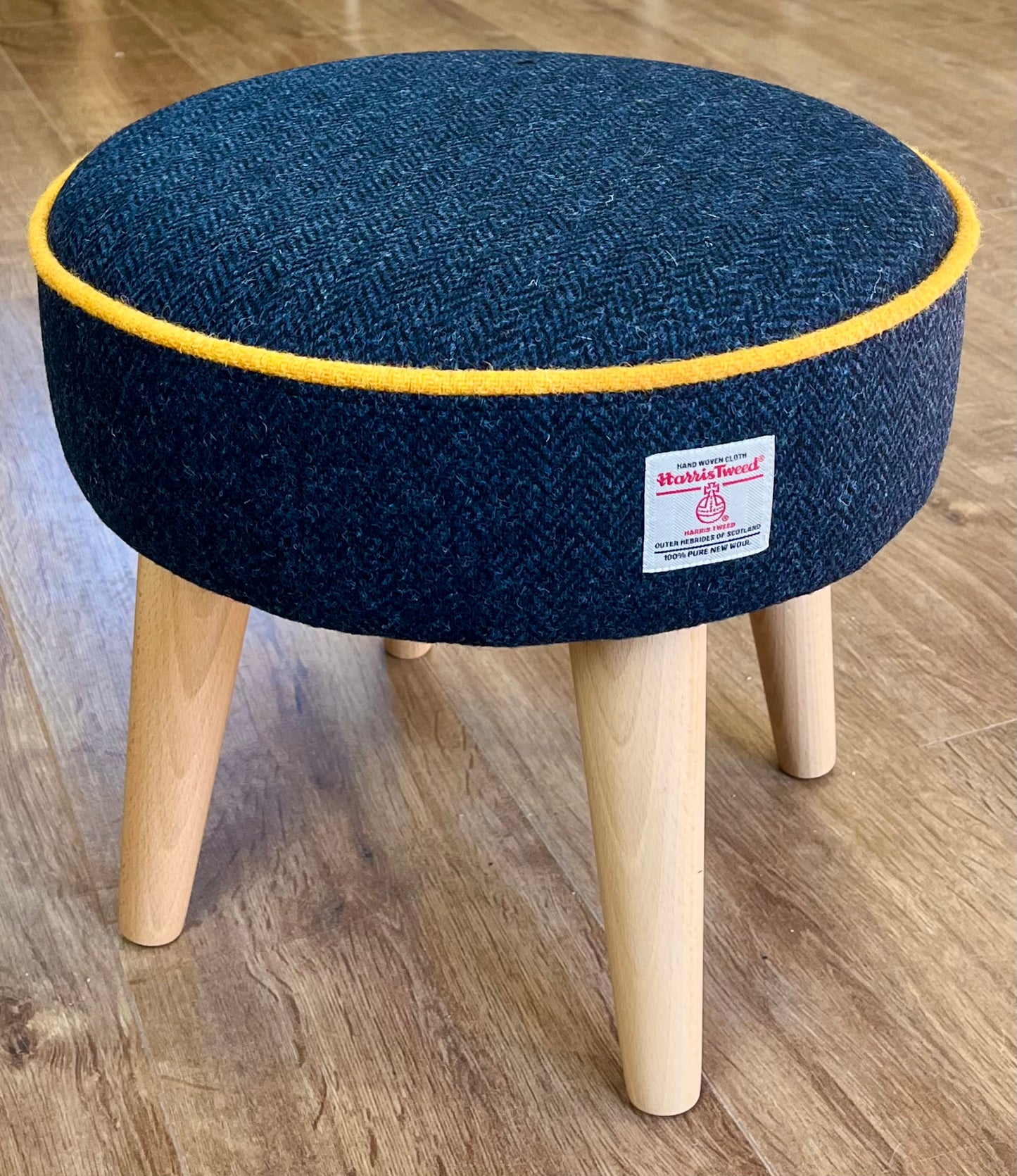 Navy Harris Tweed Footstool with Yellow Piping and Varnished Wooden Legs
