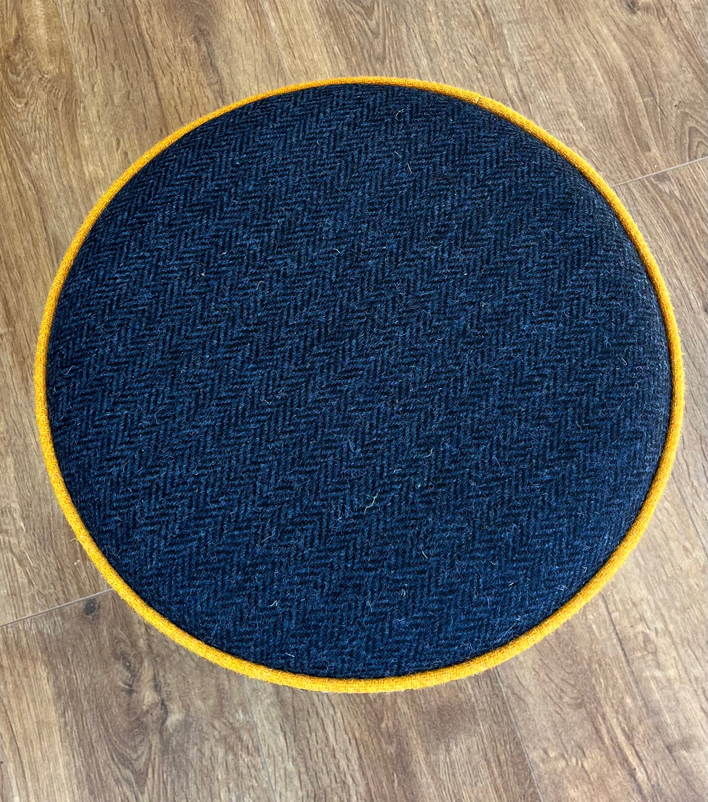 Navy Harris Tweed Footstool with Yellow Piping and Varnished Wooden Legs