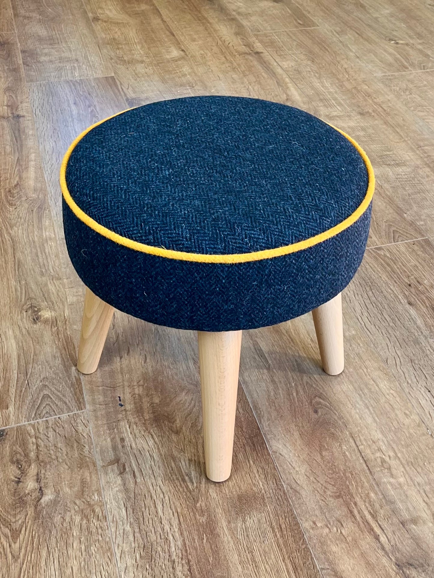 Navy Harris Tweed Footstool with Yellow Piping and Varnished Wooden Legs
