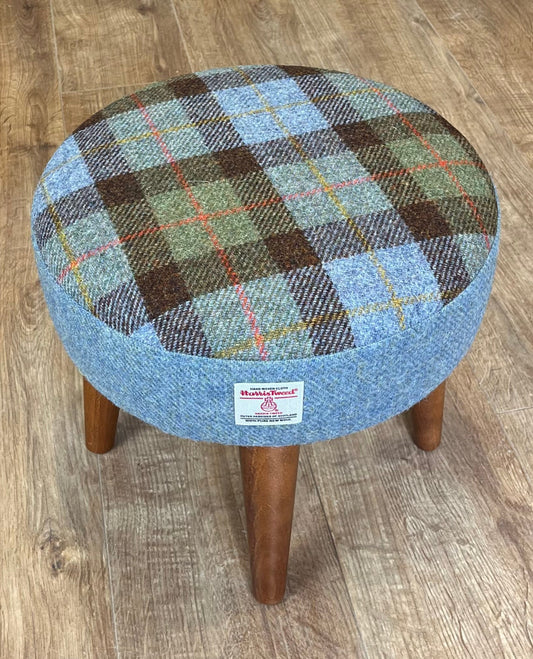 MacLeod Tartan and Light Blue Harris Tweed Footstool with Varnished Dark Wooden Legs