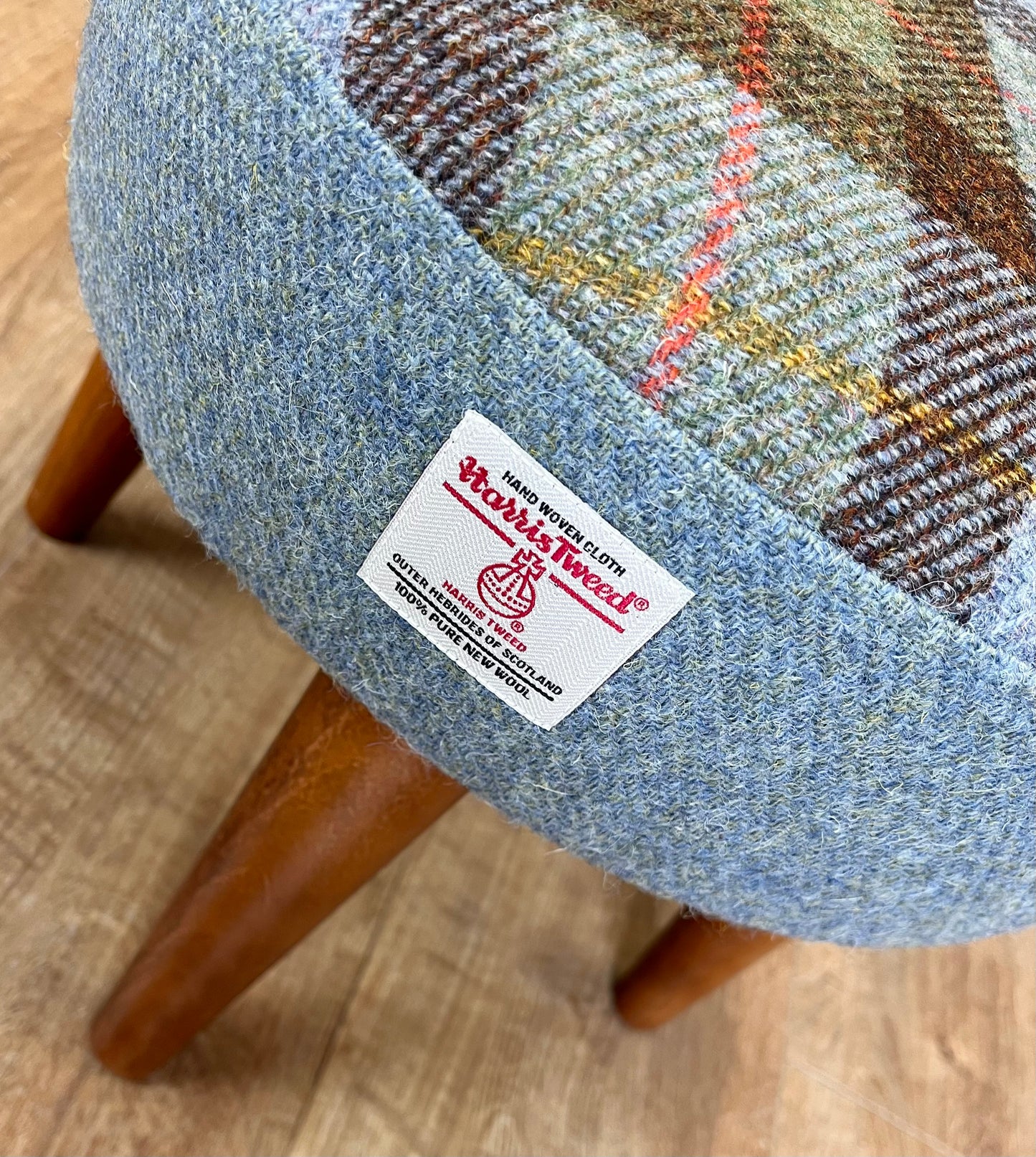 MacLeod Tartan and Light Blue Harris Tweed Footstool with Varnished Dark Wooden Legs