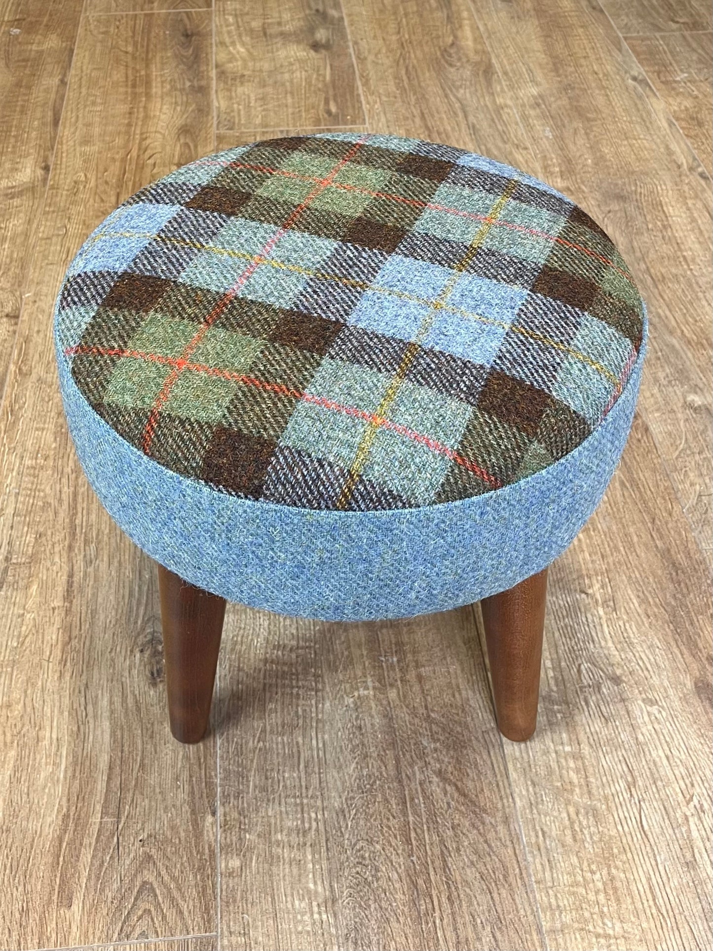 MacLeod Tartan and Light Blue Harris Tweed Footstool with Varnished Dark Wooden Legs