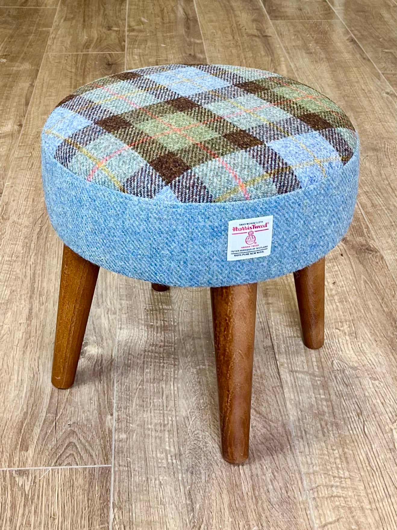 MacLeod Tartan and Light Blue Harris Tweed Footstool with Varnished Dark Wooden Legs