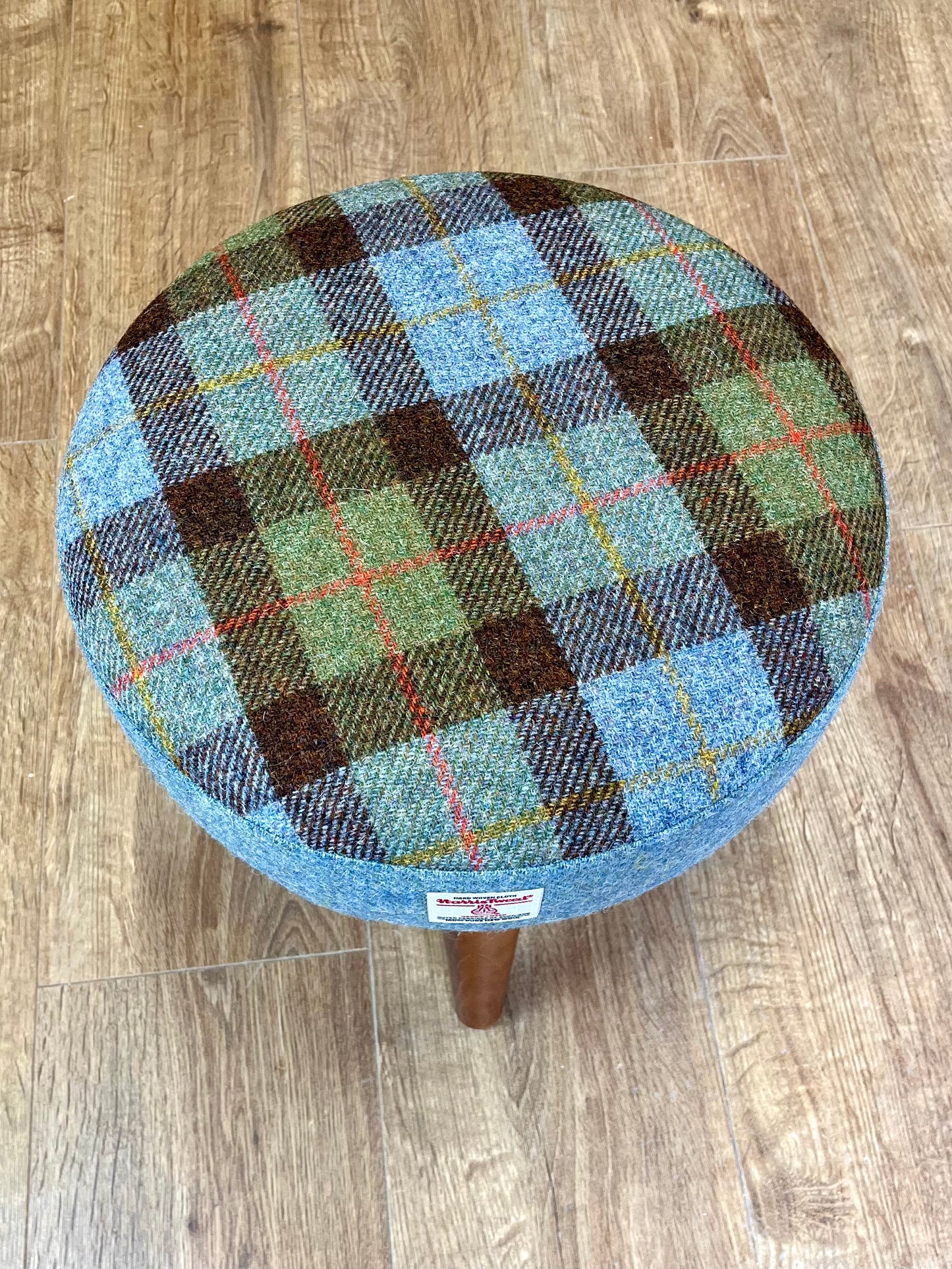 MacLeod Tartan and Light Blue Harris Tweed Footstool with Varnished Dark Wooden Legs