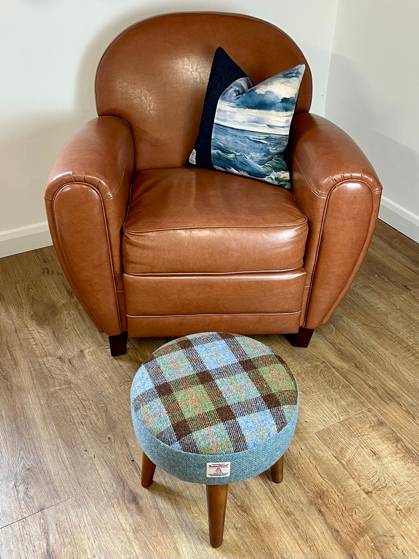 MacLeod Tartan and Light Blue Harris Tweed Footstool with Varnished Dark Wooden Legs