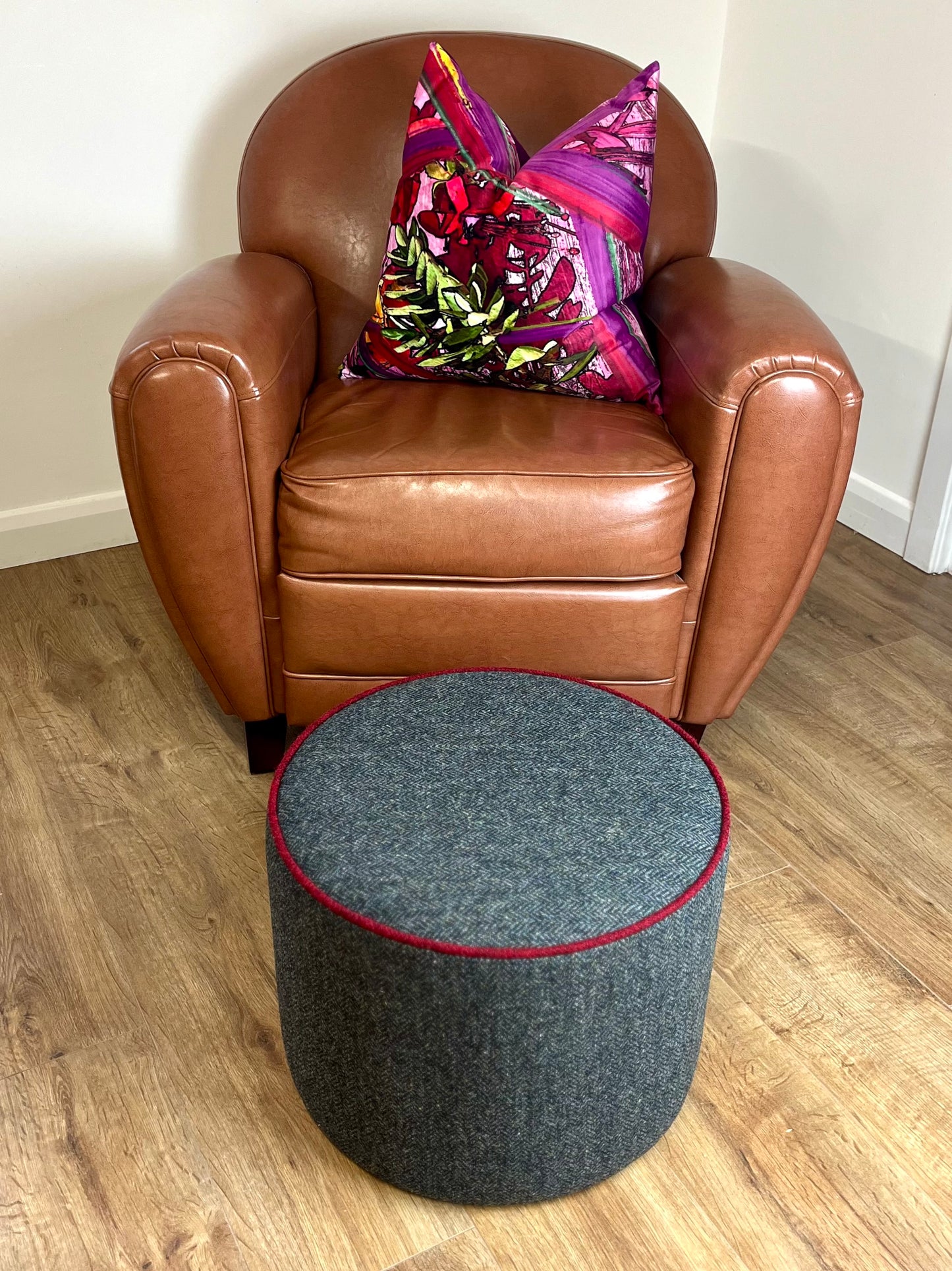 Charcoal Harris Tweed Chunky Floating Footstool with Red Piping
