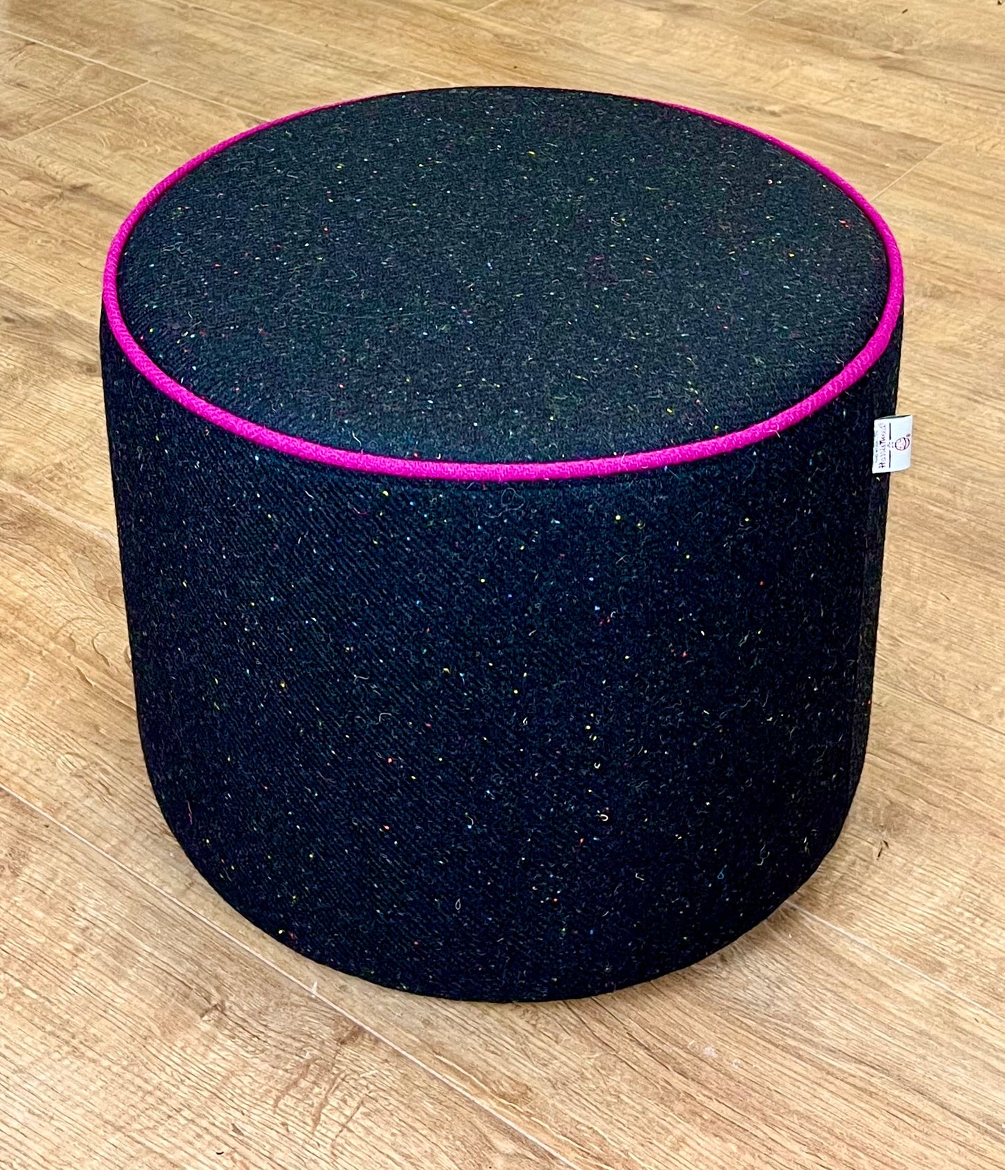 Black Speckled Harris Tweed Chunky Floating Footstool with Fuchsia Piping