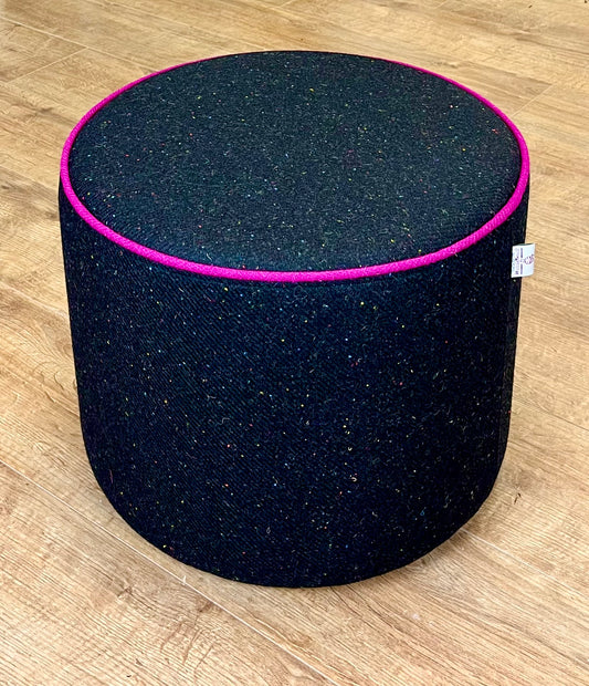 Black Speckled Harris Tweed Chunky Floating Footstool with Fuchsia Piping