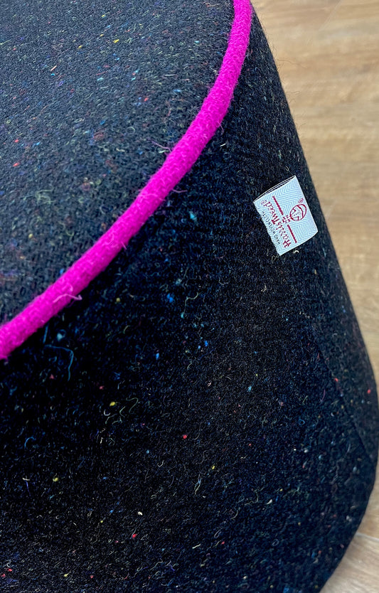 Black Speckled Harris Tweed Chunky Floating Footstool with Fuchsia Piping
