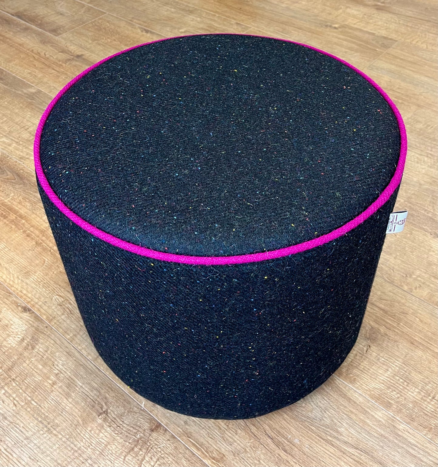 Black Speckled Harris Tweed Chunky Floating Footstool with Fuchsia Piping