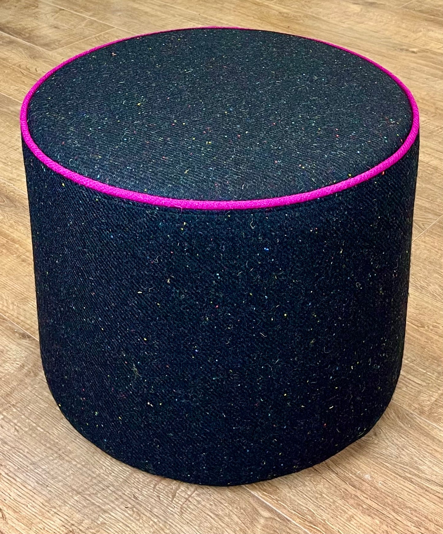 Black Speckled Harris Tweed Chunky Floating Footstool with Fuchsia Piping