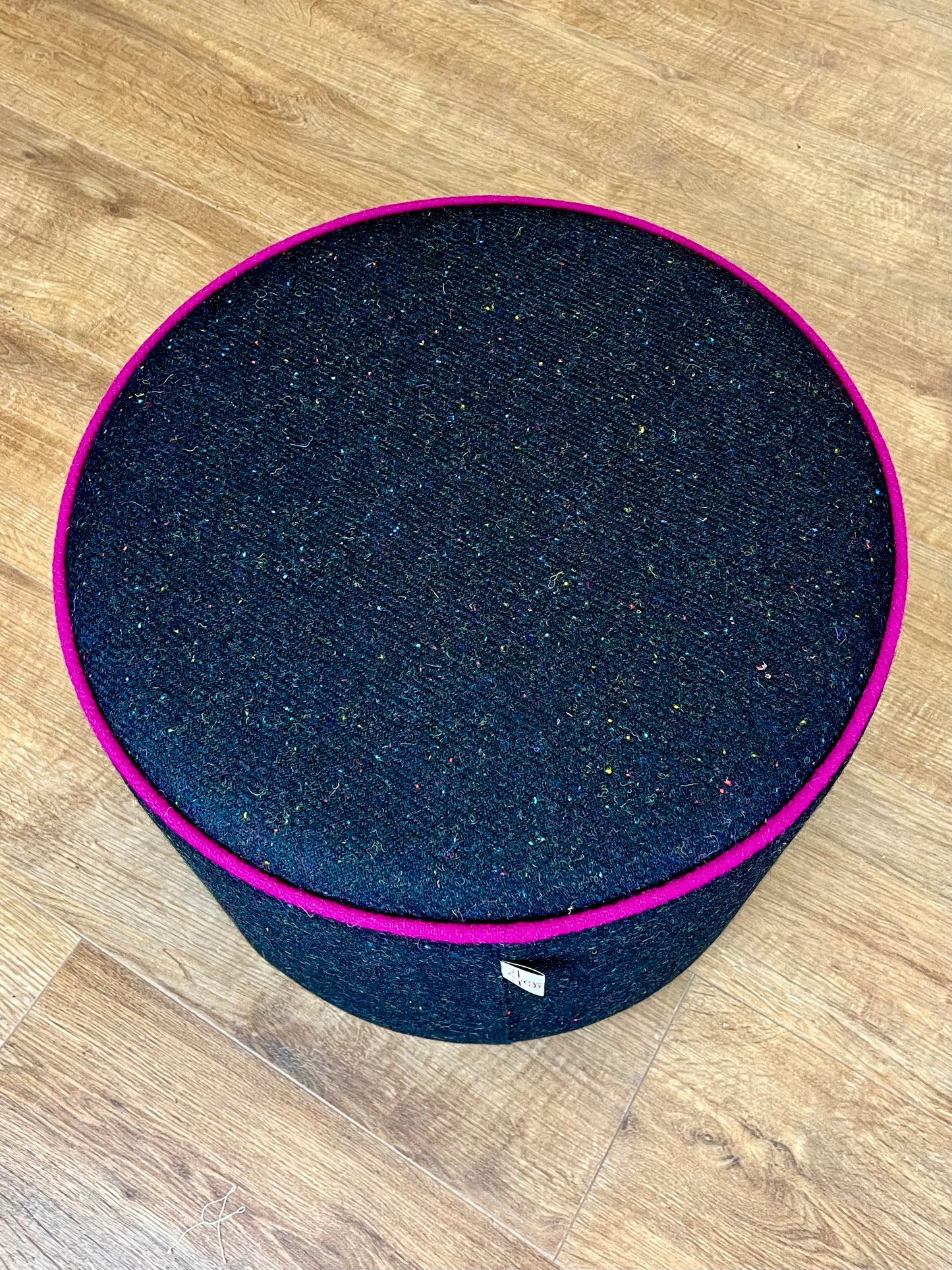 Black Speckled Harris Tweed Chunky Floating Footstool with Fuchsia Piping