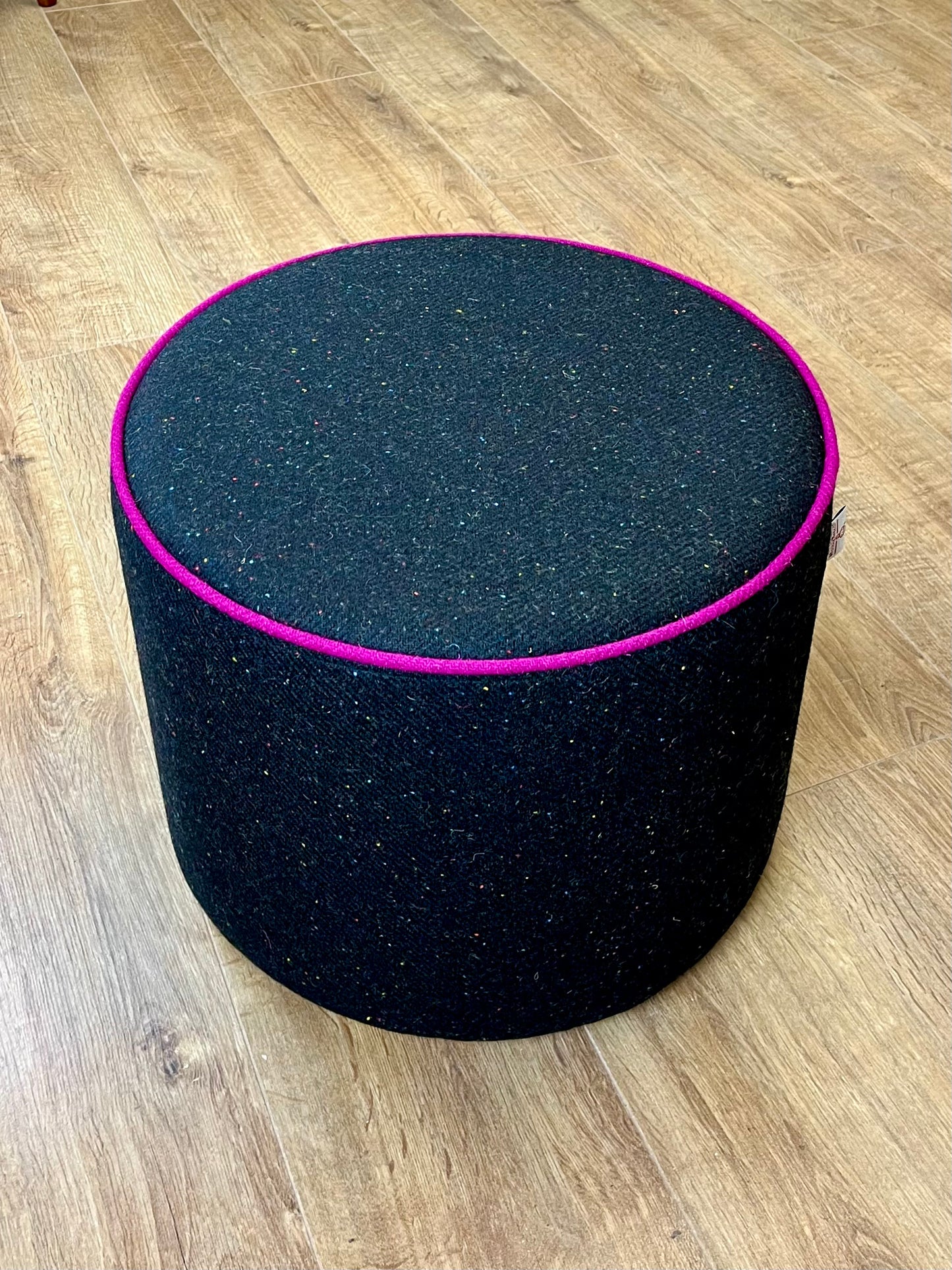 Black Speckled Harris Tweed Chunky Floating Footstool with Fuchsia Piping