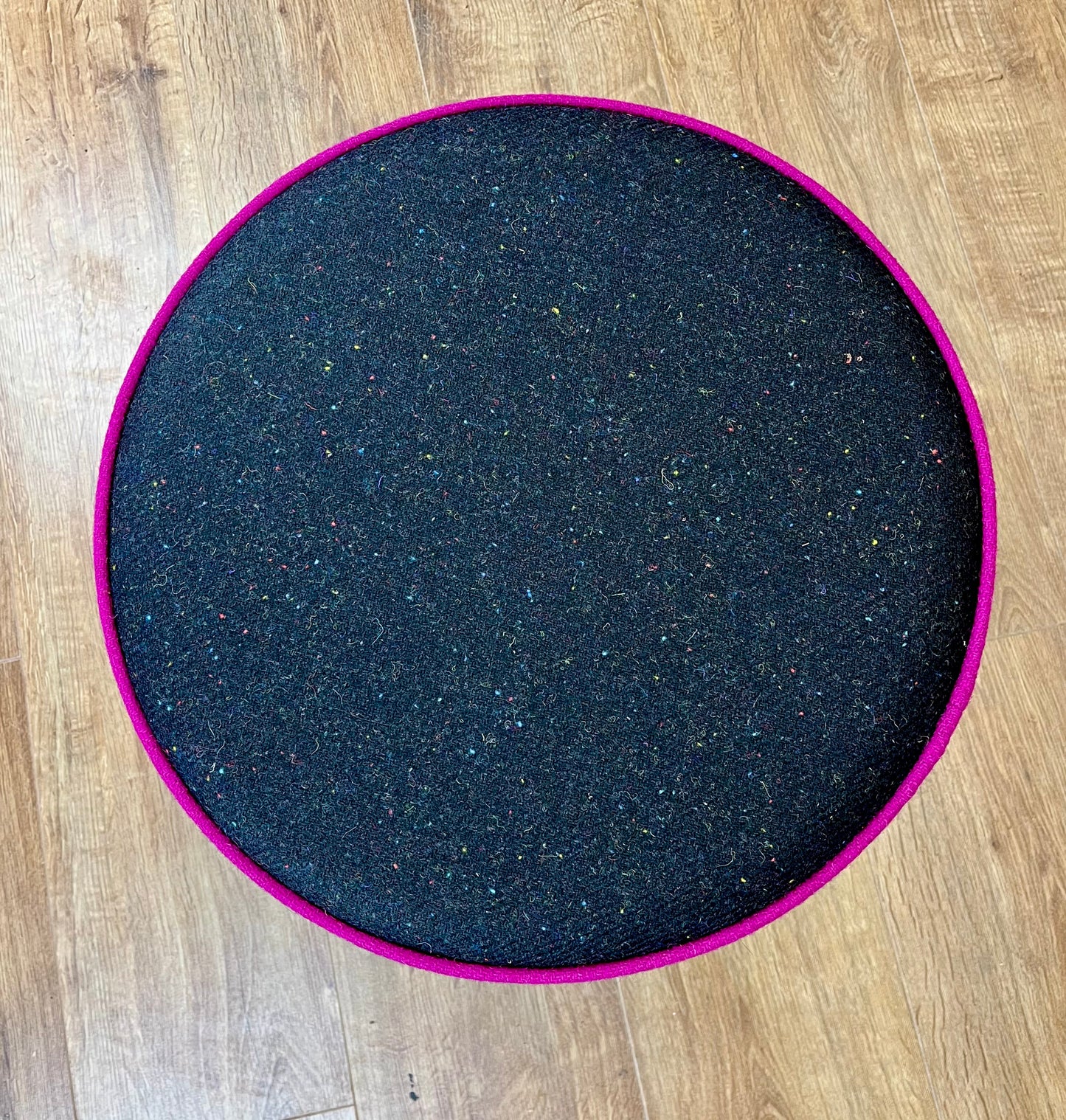 Black Speckled Harris Tweed Chunky Floating Footstool with Fuchsia Piping