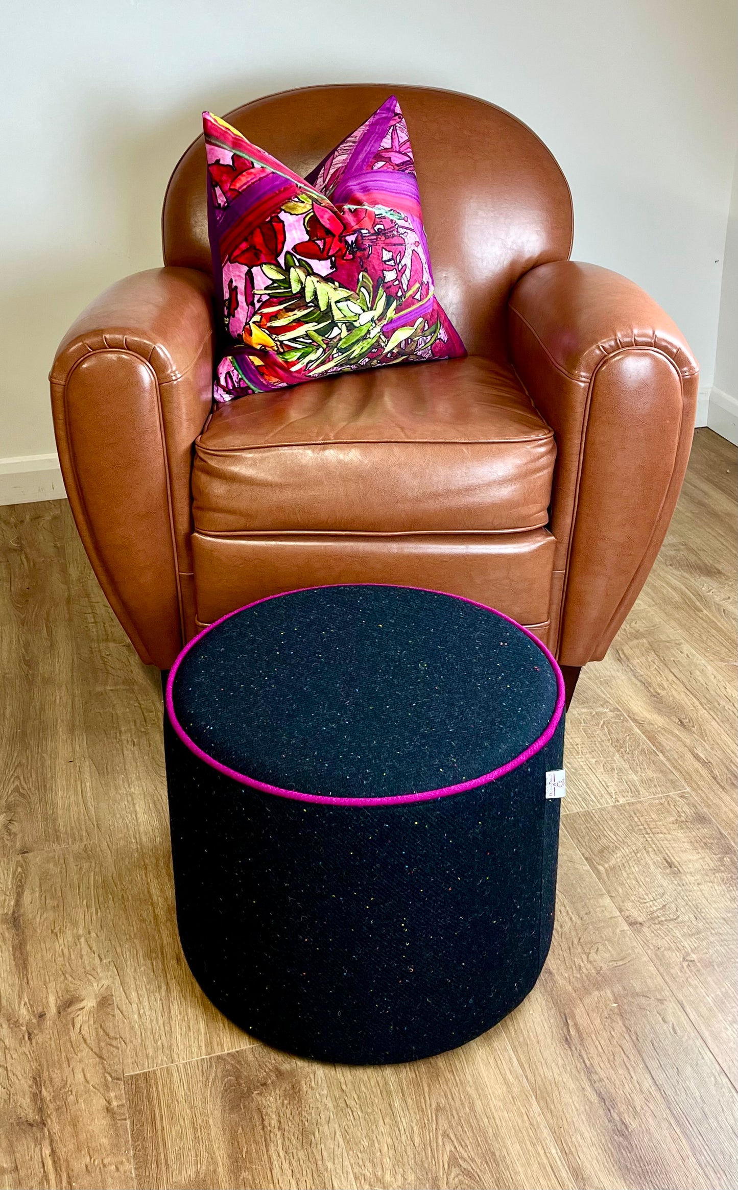 Black Speckled Harris Tweed Chunky Floating Footstool with Fuchsia Piping