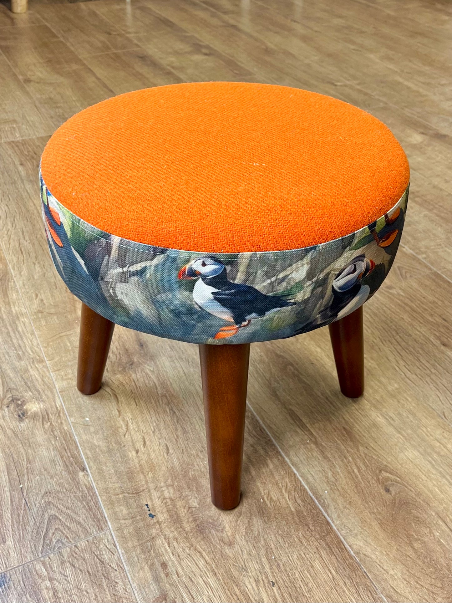 Puffin Scene and Orange Harris Tweed Footstool with Dark Varnished Wooden Legs