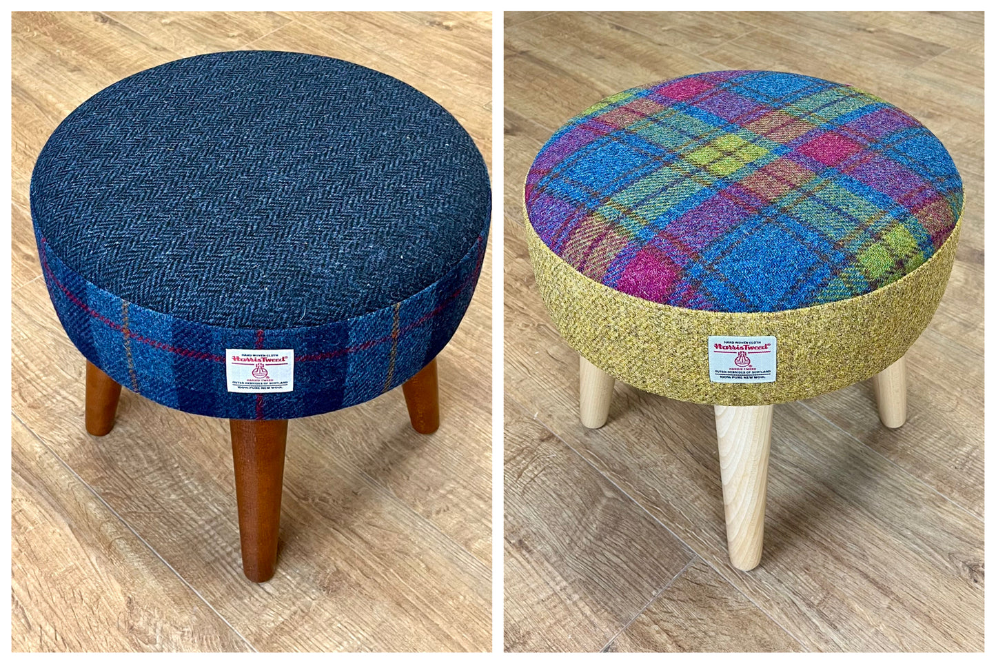 MacLeod Tartan and Light Blue Harris Tweed Footstool with Varnished Dark Wooden Legs