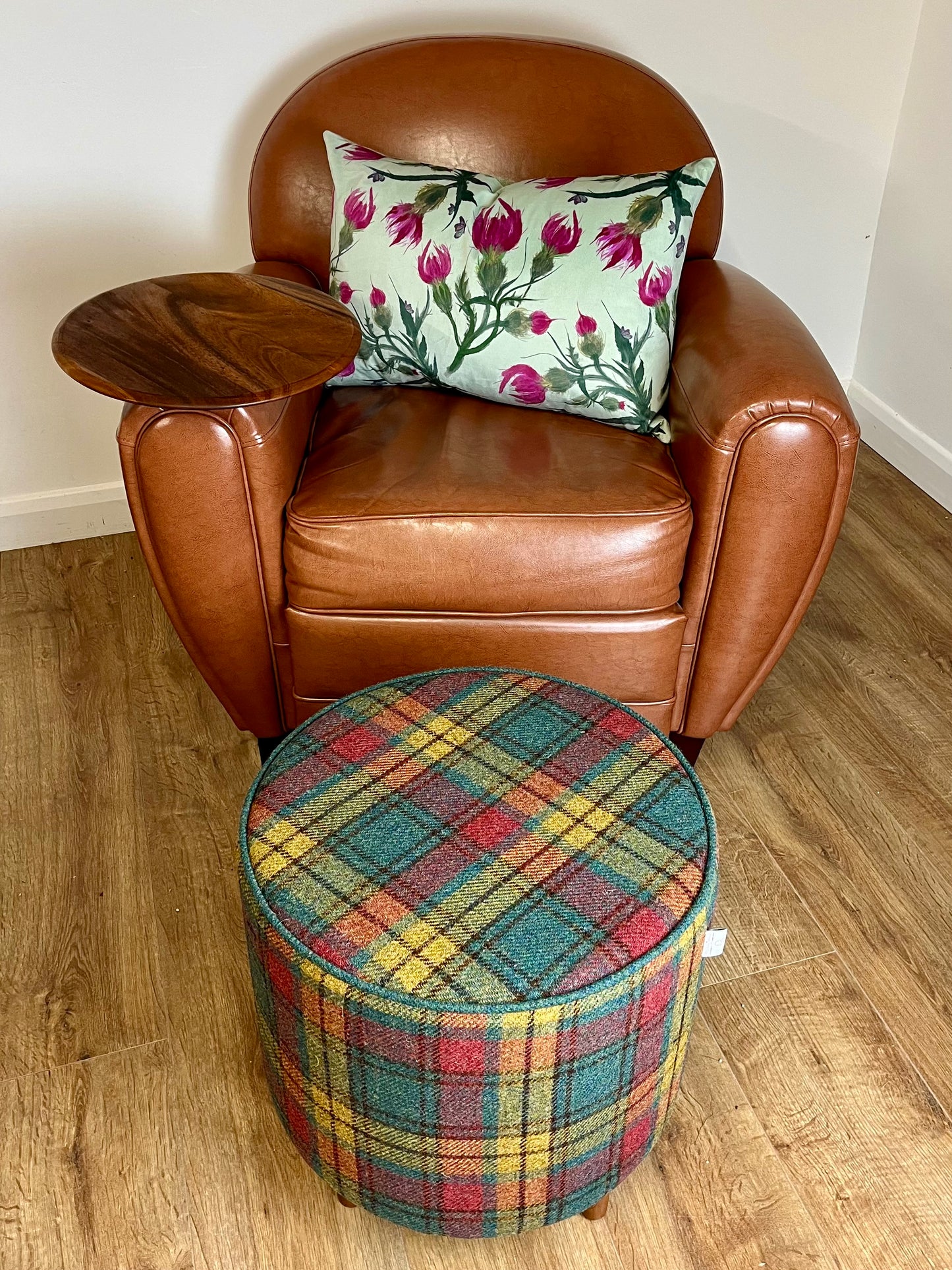 Tartan Harris Tweed Chunky Table Footstool with Green Piping and Removable Wooden Top