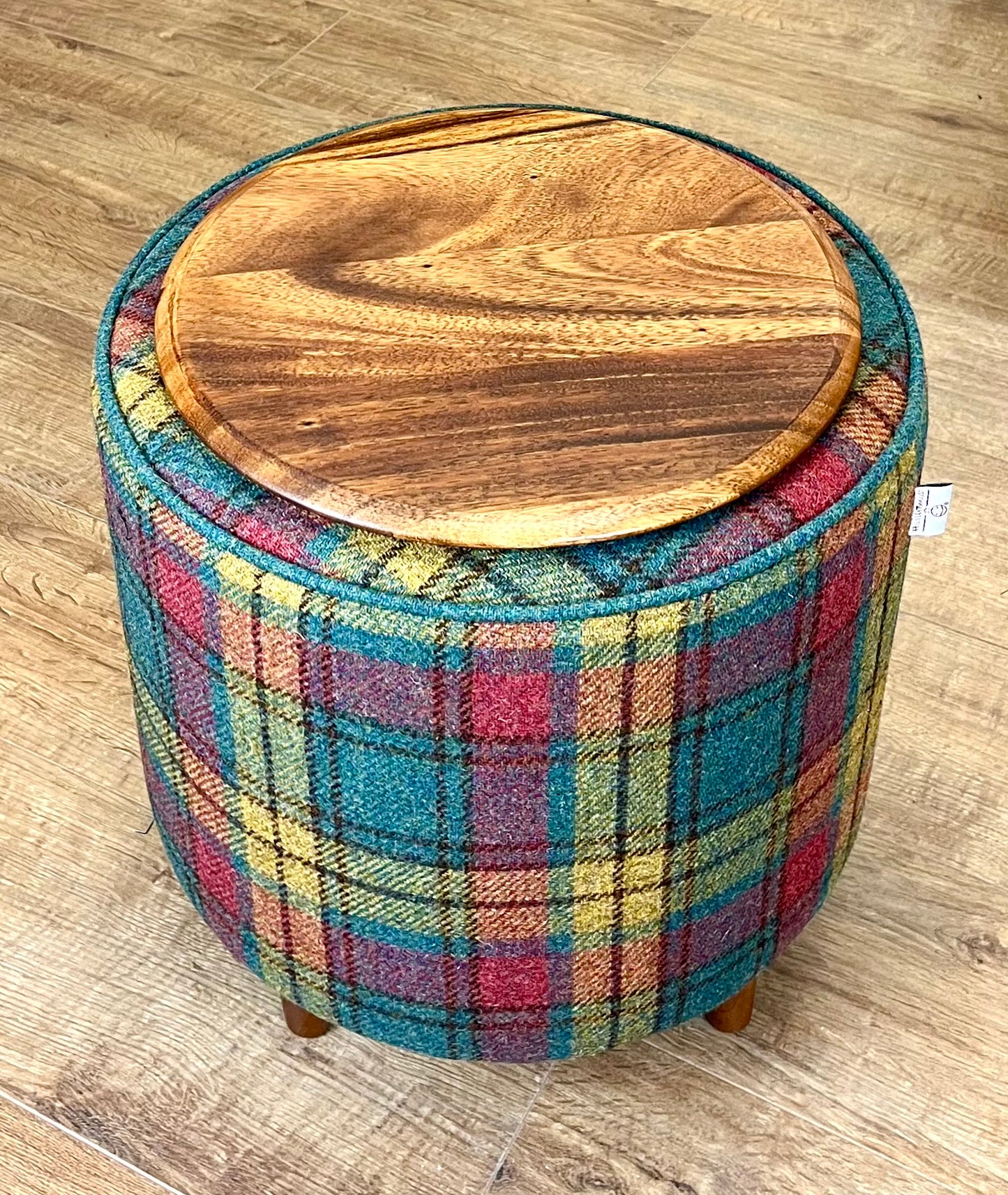 Tartan Harris Tweed Chunky Table Footstool with Green Piping and Removable Wooden Top