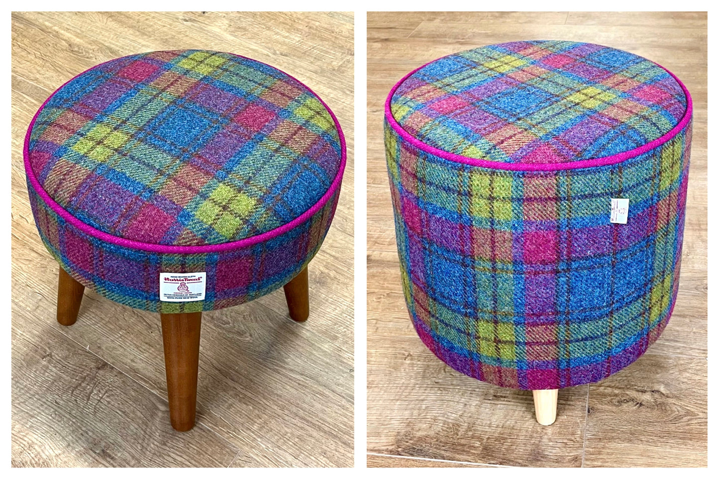 Navy Harris Tweed Footstool with Yellow Piping and Varnished Wooden Legs