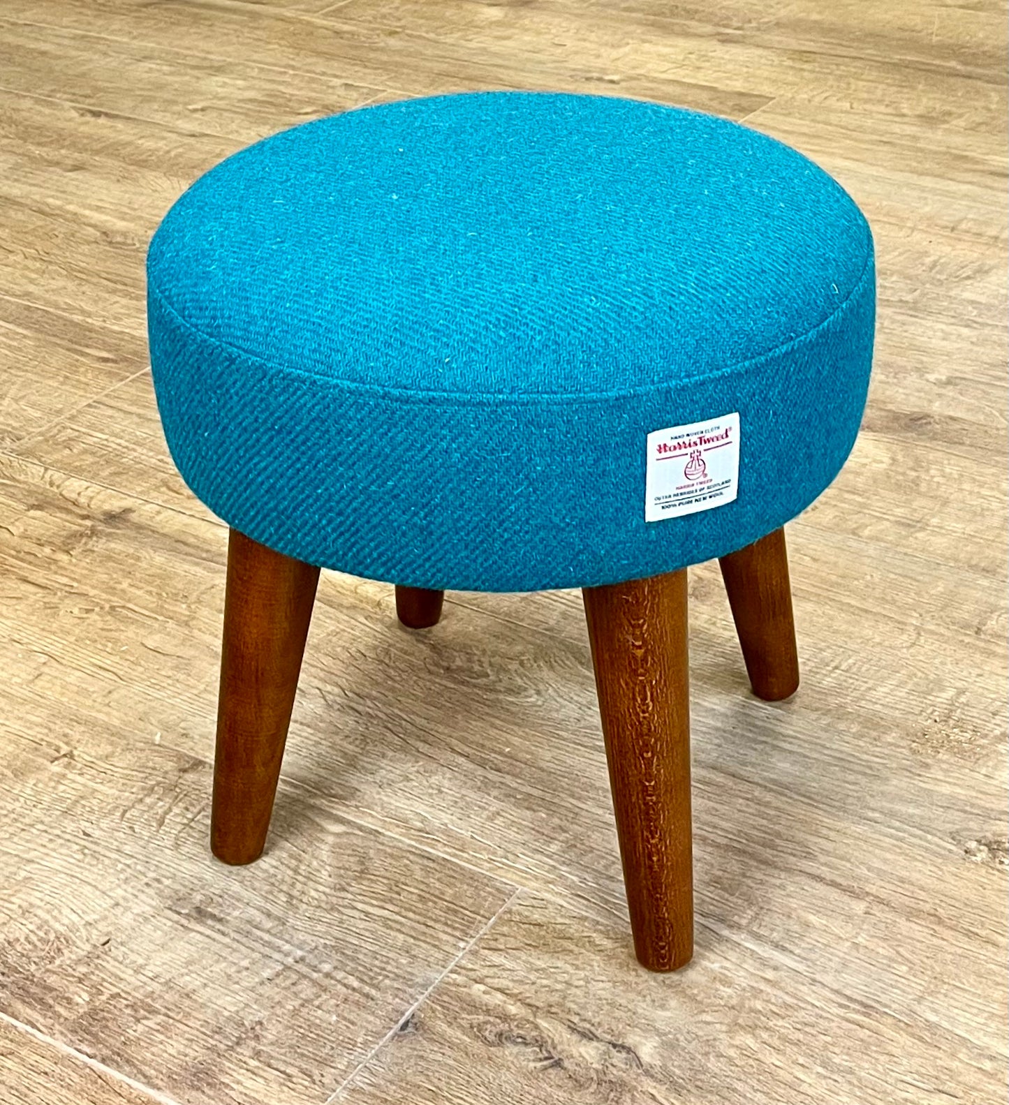 Teal Harris Tweed Footstool with Dark Varnished Wooden Legs