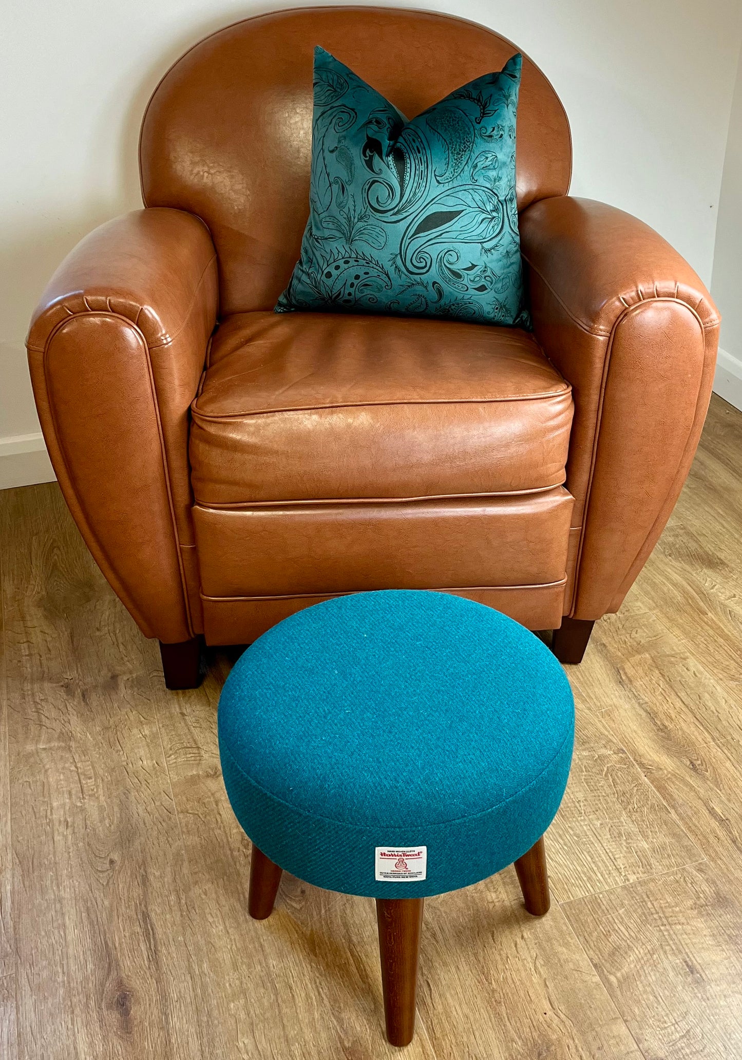 Teal Harris Tweed Footstool with Dark Varnished Wooden Legs