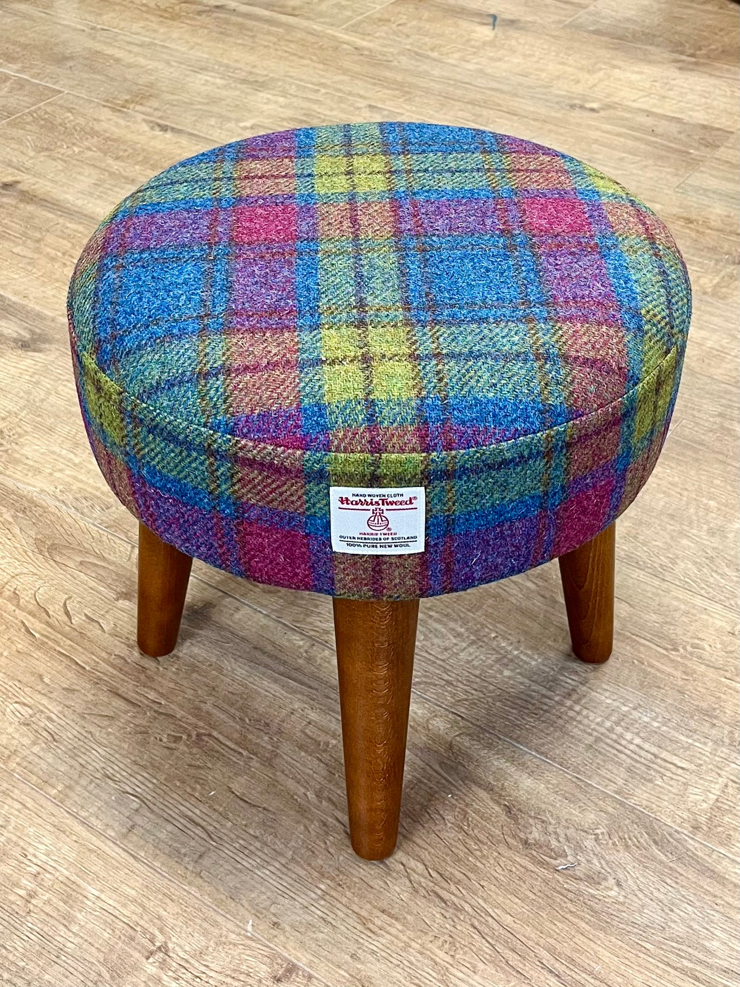 Colourful Tartan Harris Tweed Footstool with Dark Varnished Wooden Legs