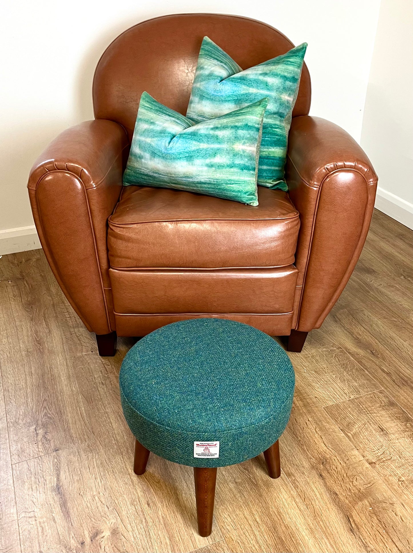 Emerald Sea Velvet and Light Green Harris Tweed Cushion 18”