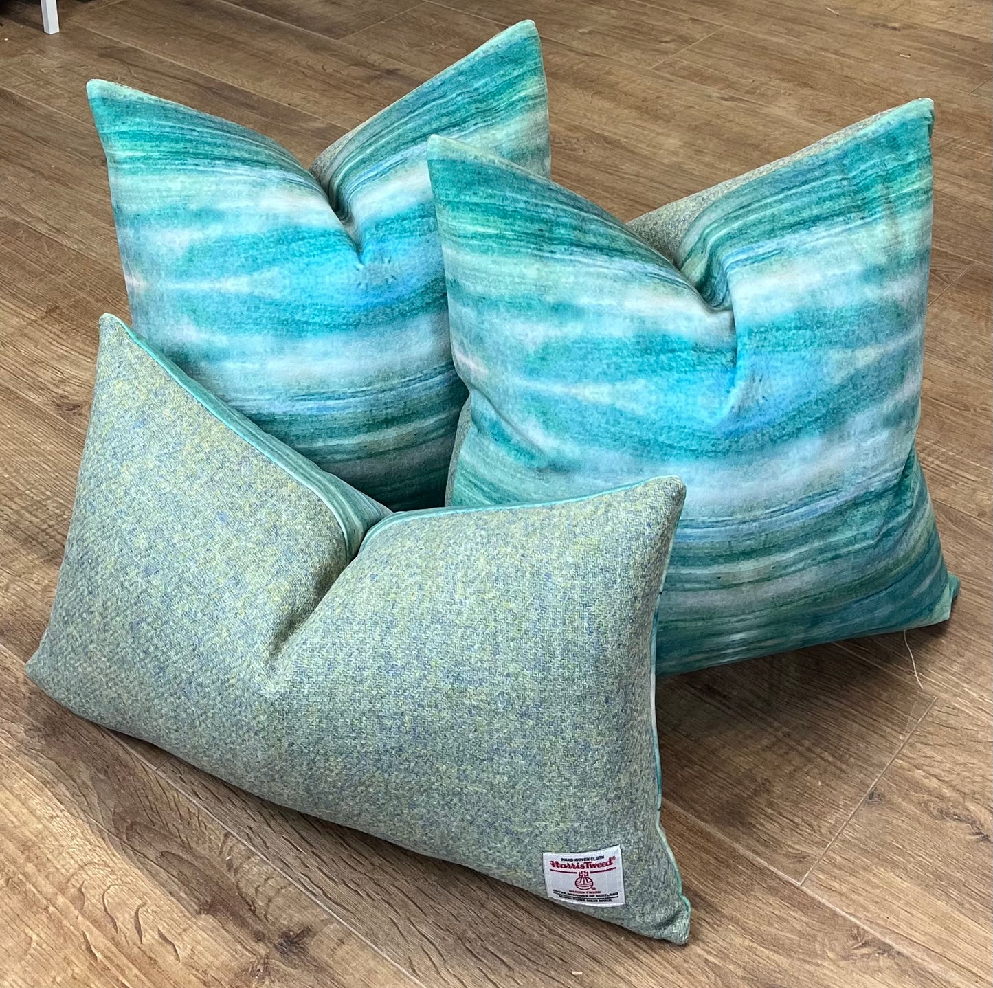 Emerald Sea Velvet and Harris Tweed Oblong Cushion