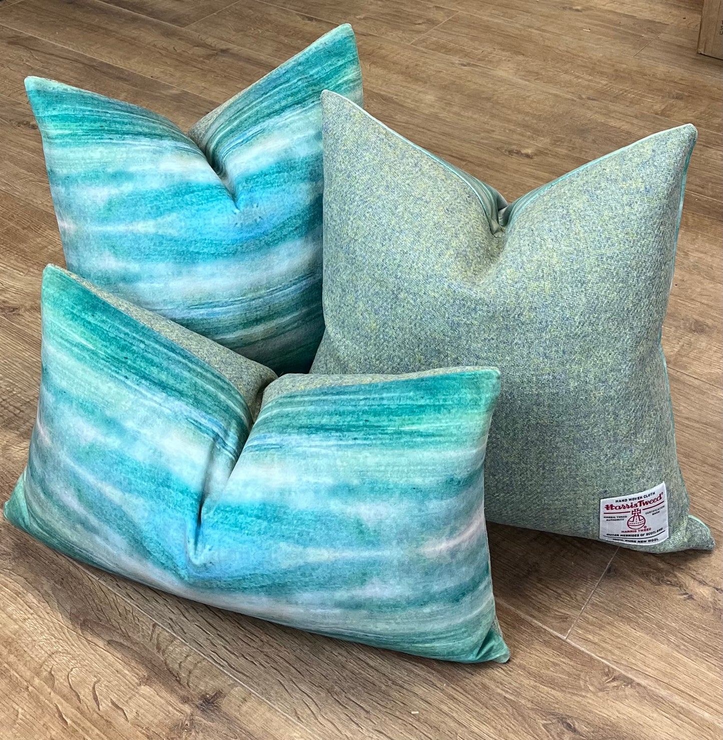 Emerald Sea Velvet and Light Green Harris Tweed Cushion 18”