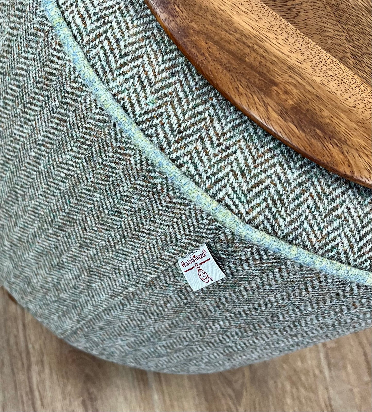 Brown Green Harris Tweed Chunky Table Footstool with Green Piping Detail