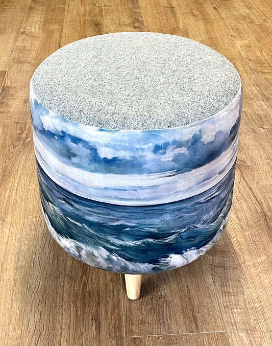 Sheigra Sea Velvet Chunky Footstool with Grey Harris Tweed