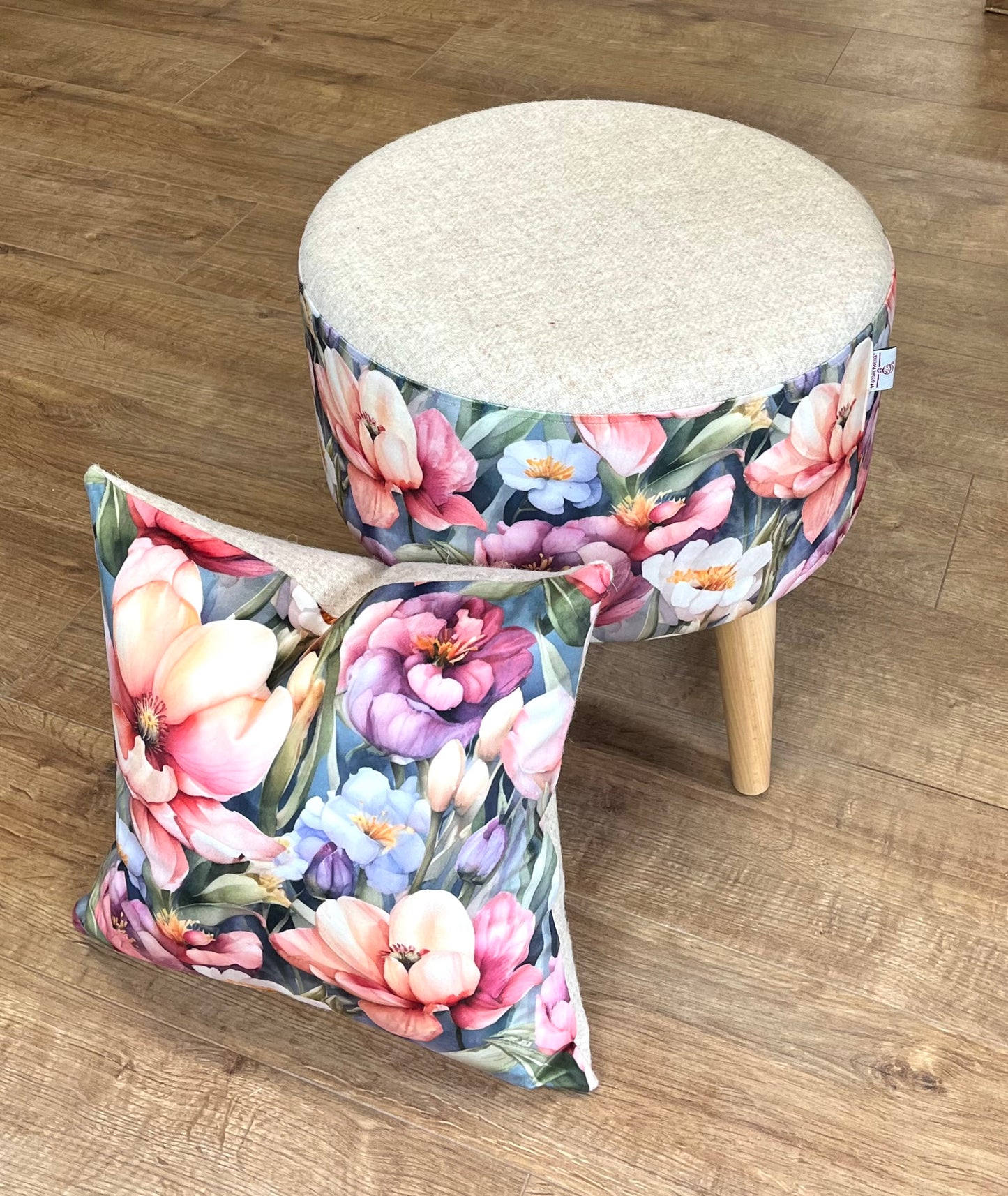 Flower Garden Velvet and Oatmeal Harris Tweed Footstool