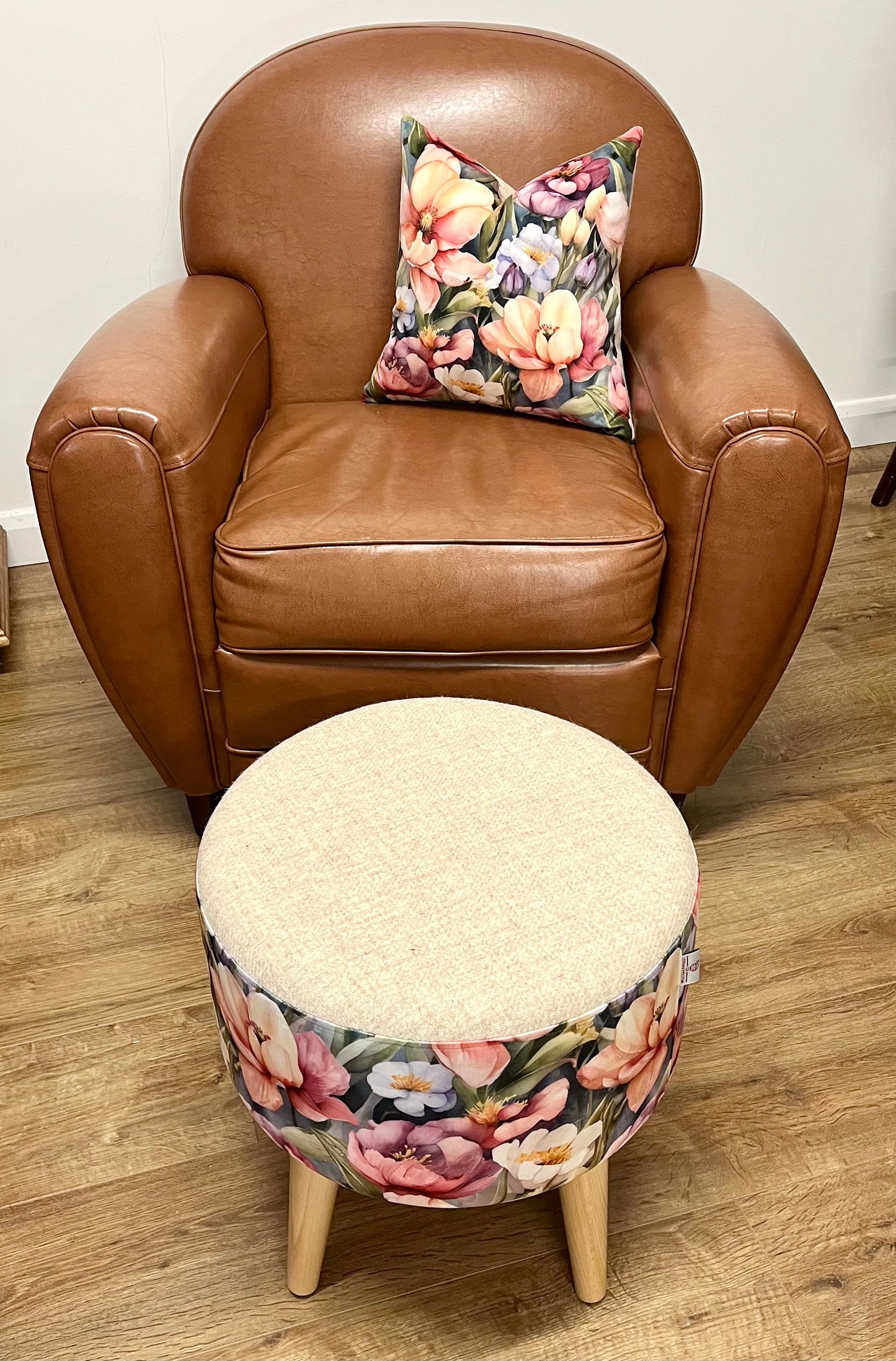 Flower Garden Velvet and Oatmeal Harris Tweed Footstool