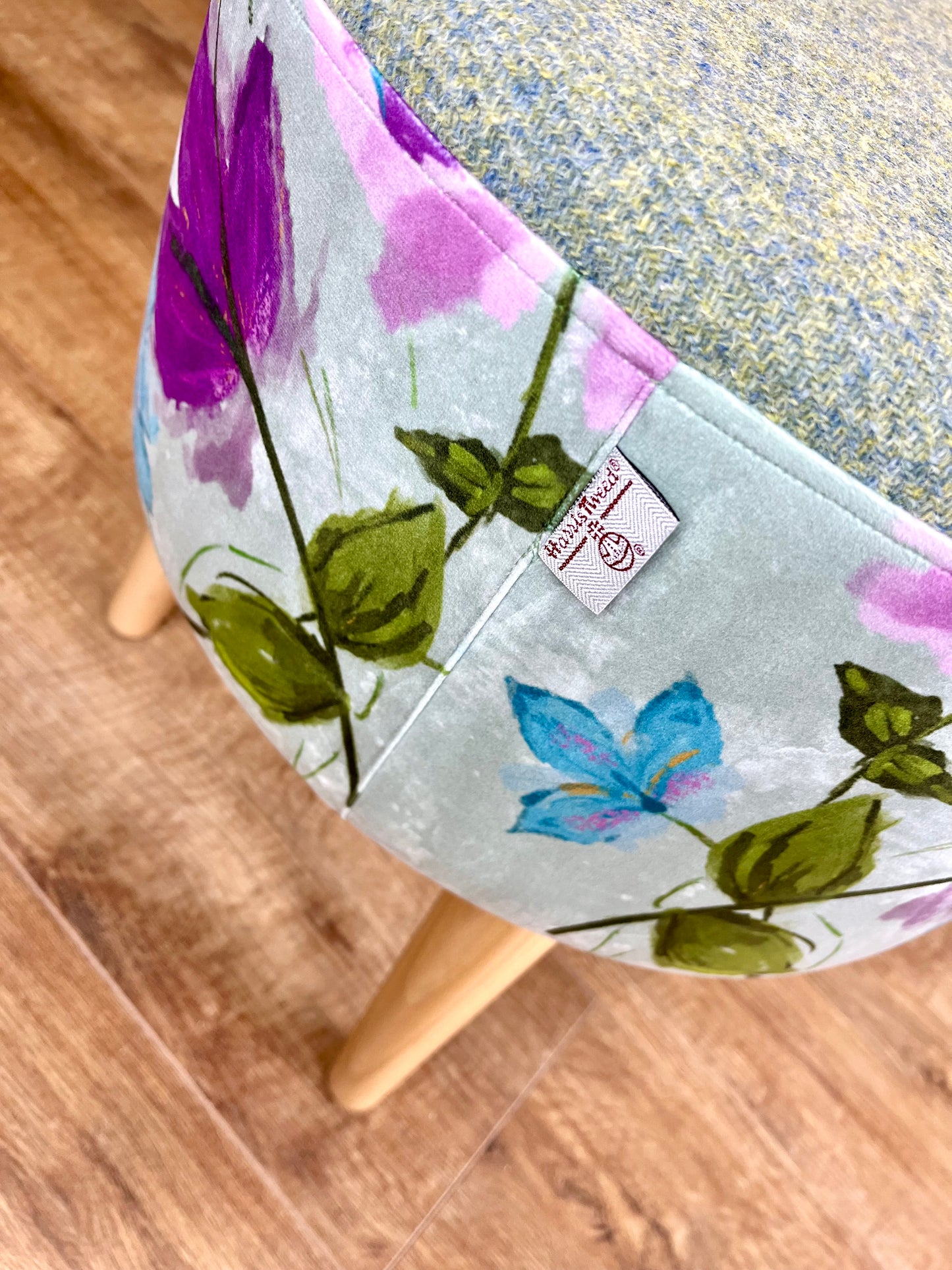 Spring Time Velvet and Light Green Harris Tweed Footstool