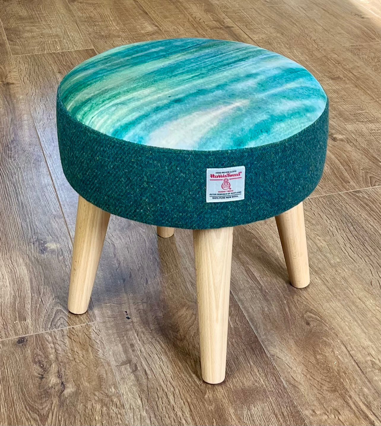 Emerald Sea Velvet and Harris Tweed Small Footstool