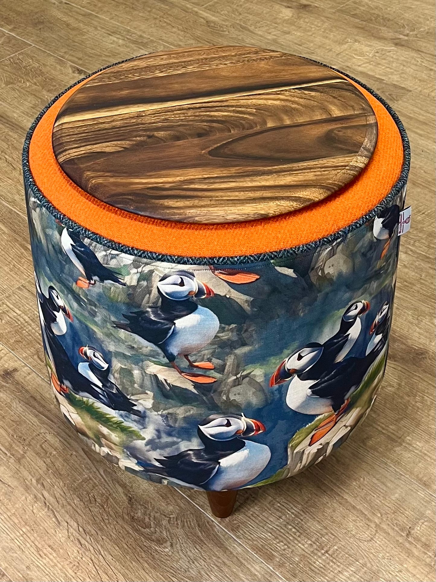 Puffin Linen & Orange Harris Tweed Chunky Table Footstool with Charcoal Piping Detail