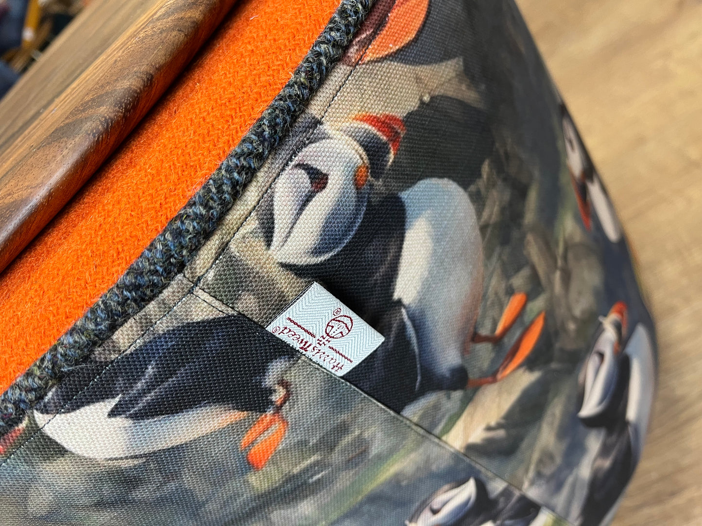 Puffin Linen & Orange Harris Tweed Chunky Table Footstool with Charcoal Piping Detail