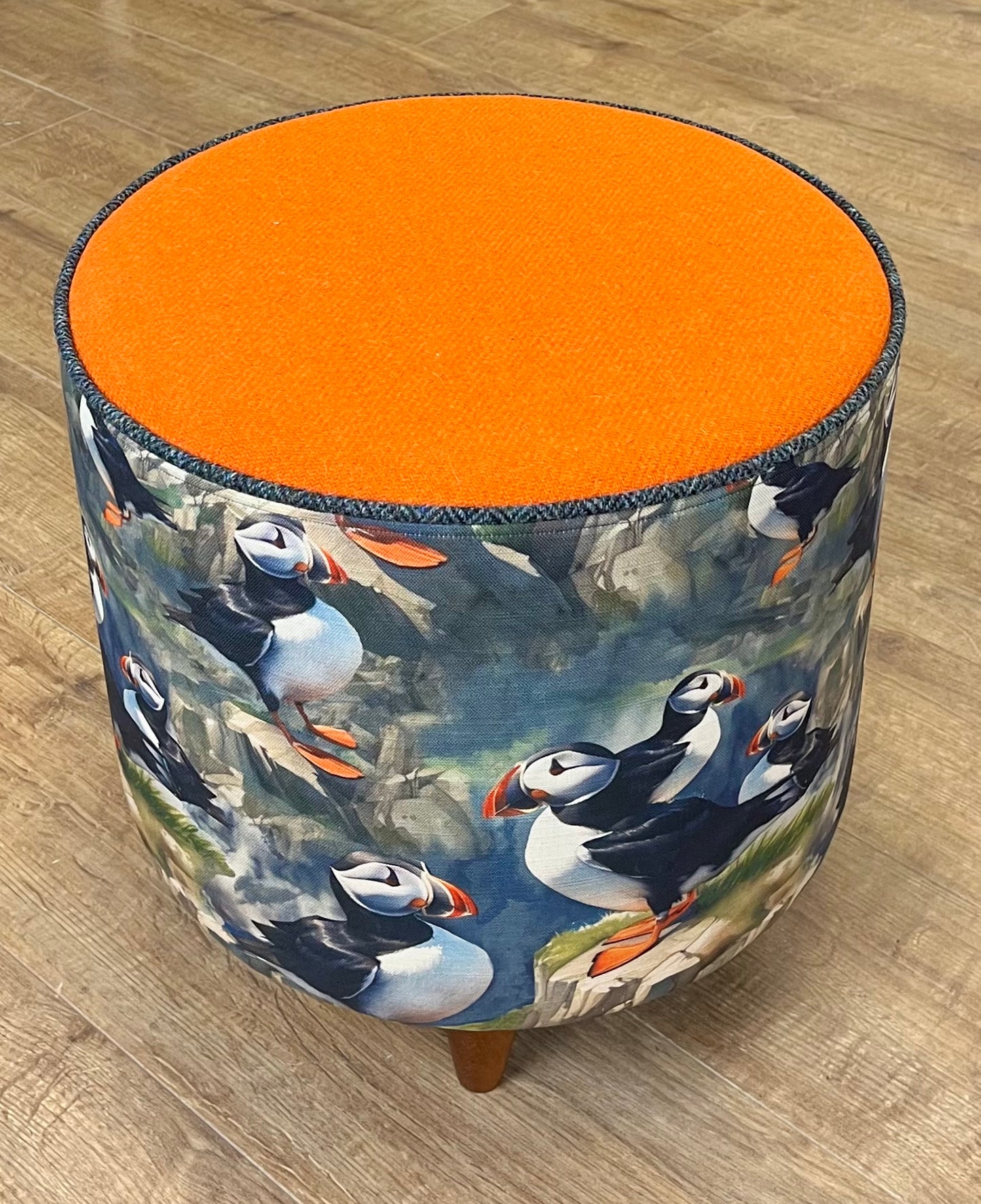 Puffin Linen & Orange Harris Tweed Chunky Table Footstool with Charcoal Piping Detail