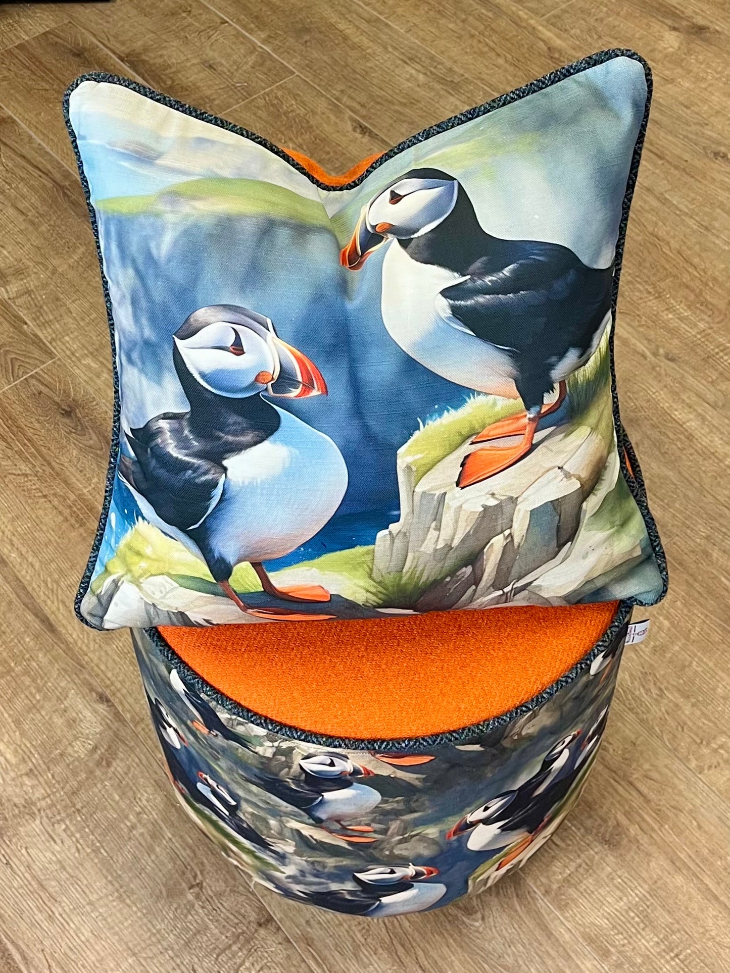 Puffin and Navy Blue Harris Tweed Floating Footstool