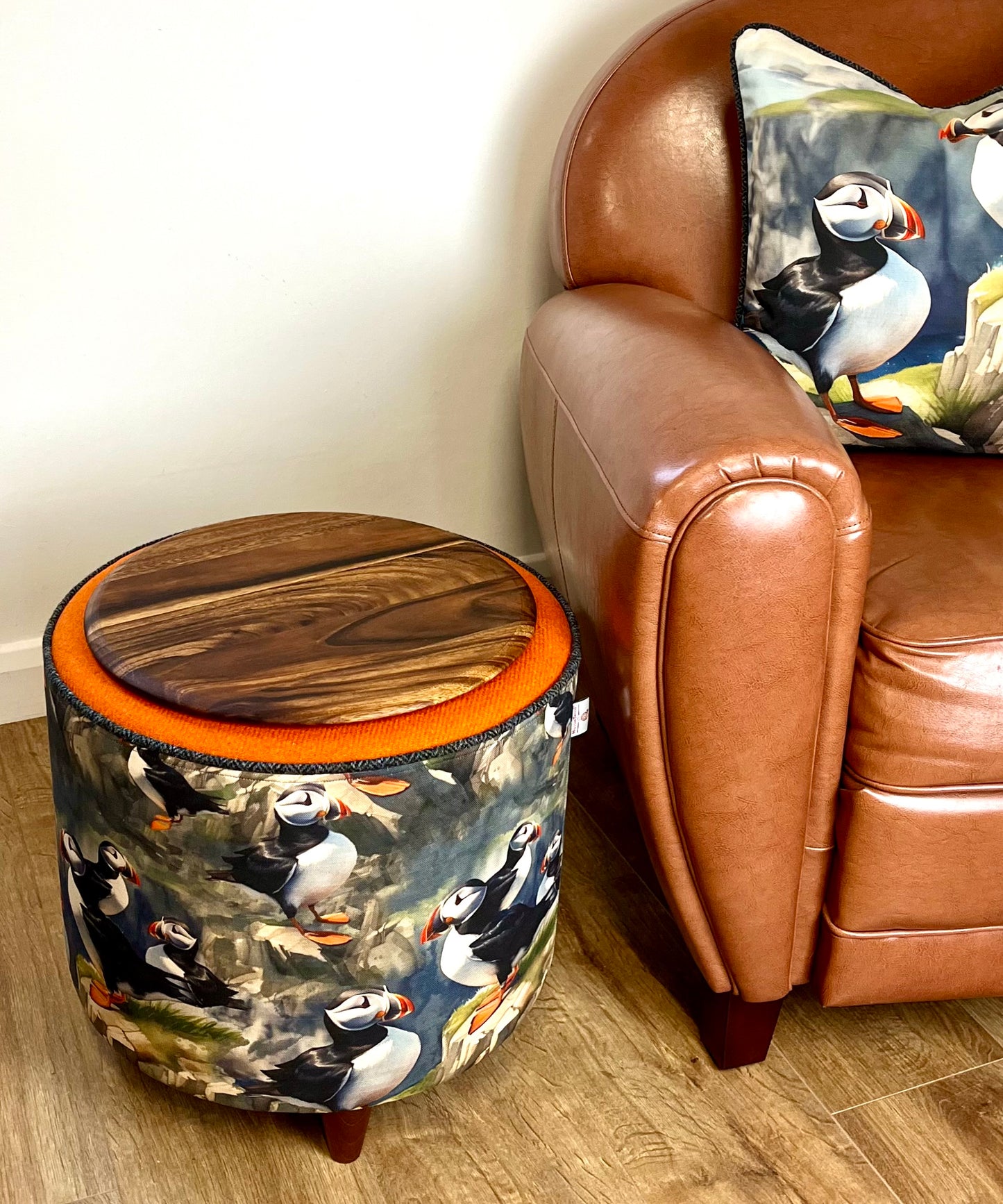 Puffin Linen & Orange Harris Tweed Chunky Table Footstool with Charcoal Piping Detail