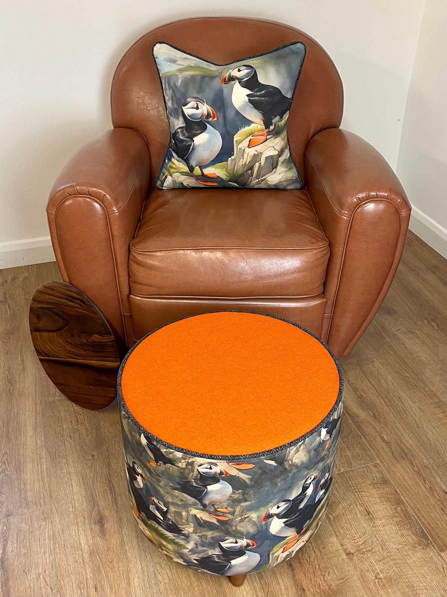 Puffin Linen & Orange Harris Tweed Chunky Table Footstool with Charcoal Piping Detail