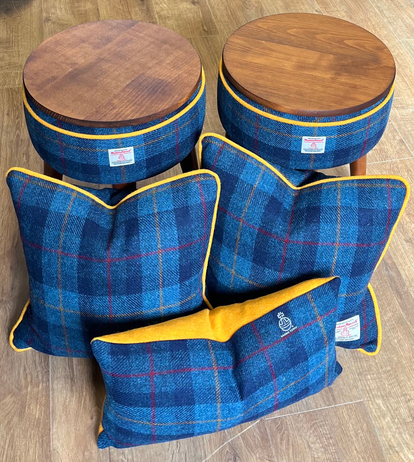 Blue Tartan Harris Tweed Table Footstool with Yellow Piping and Removable Wooden Top