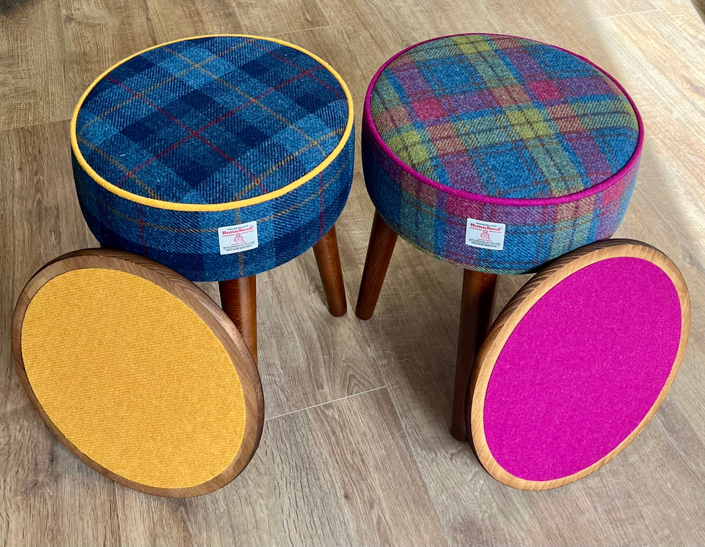 Blue Tartan Harris Tweed Table Footstool with Yellow Piping and Removable Wooden Top