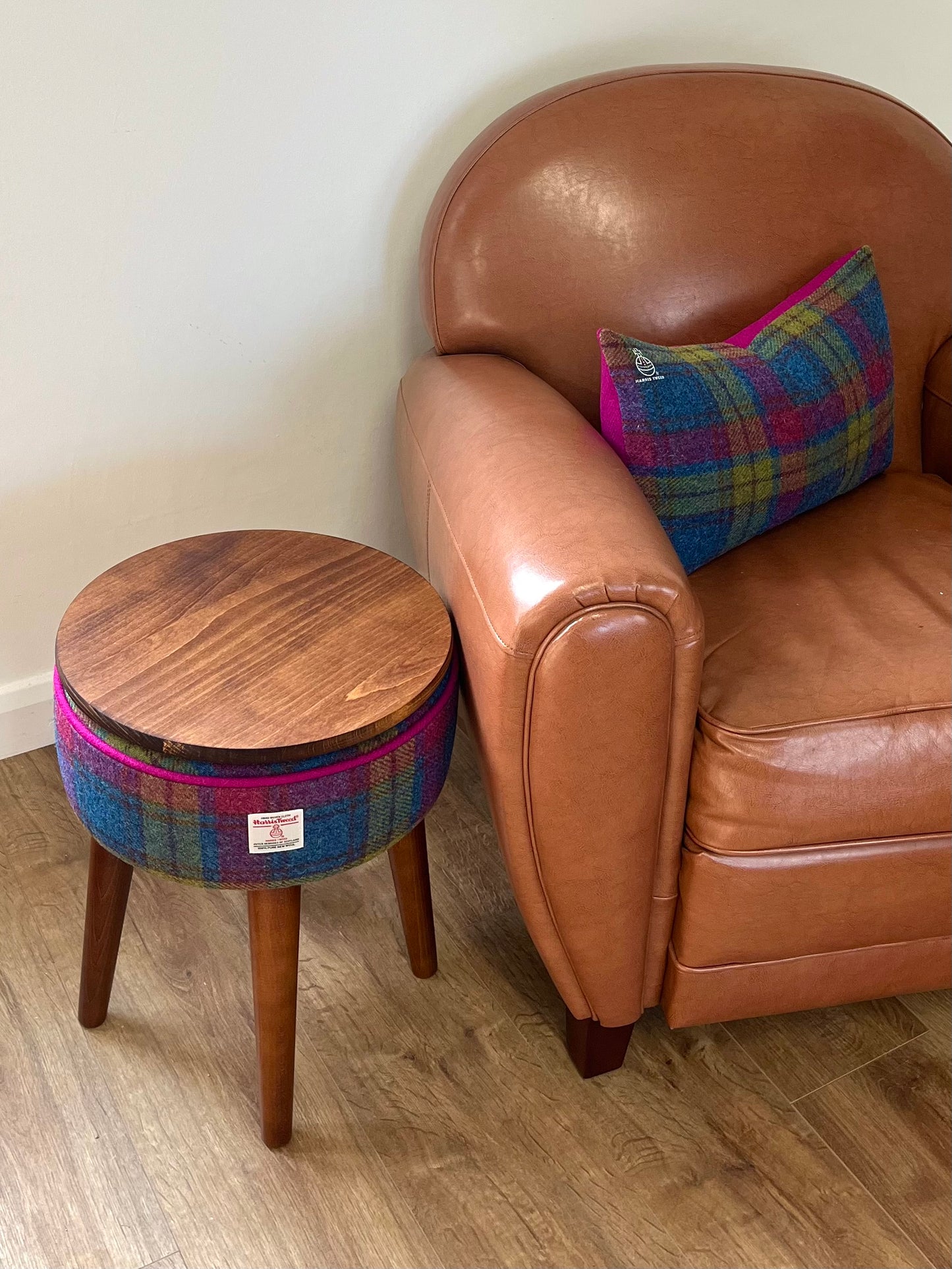 Colourful Tartan Harris Tweed Table Footstool with Fuchsia Piping and Removable Wooden Top