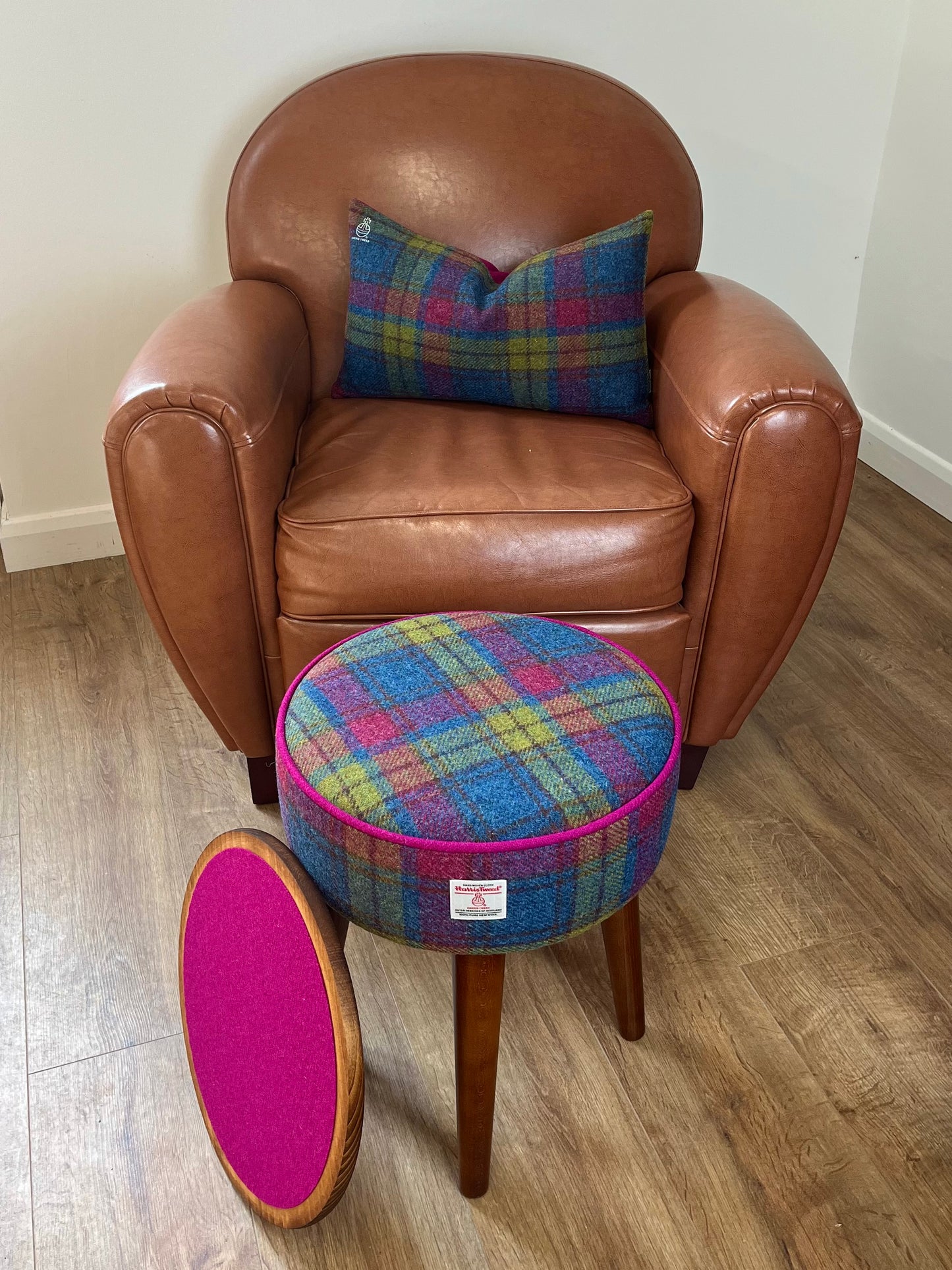 Colourful Tartan Harris Tweed Table Footstool with Fuchsia Piping and Removable Wooden Top