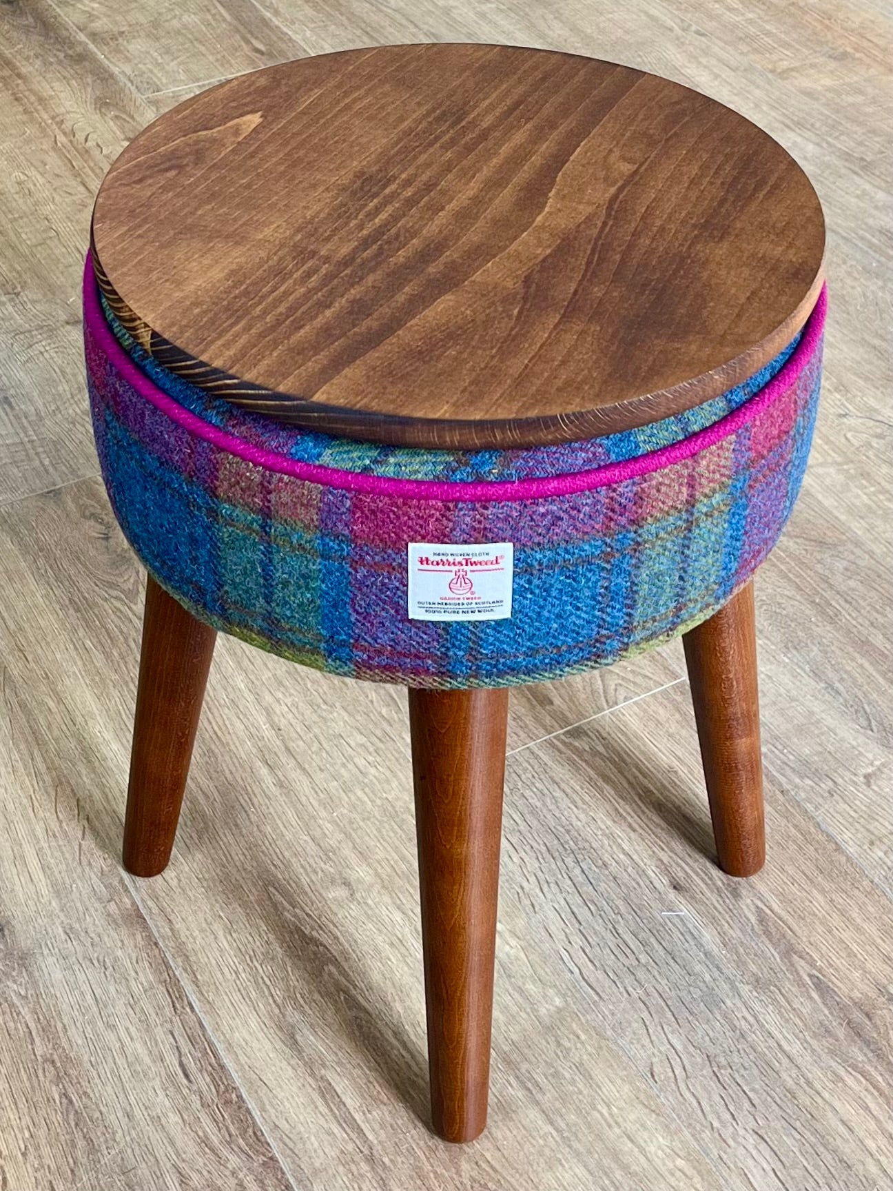Colourful Tartan Harris Tweed Table Footstool with Fuchsia Piping and Removable Wooden Top