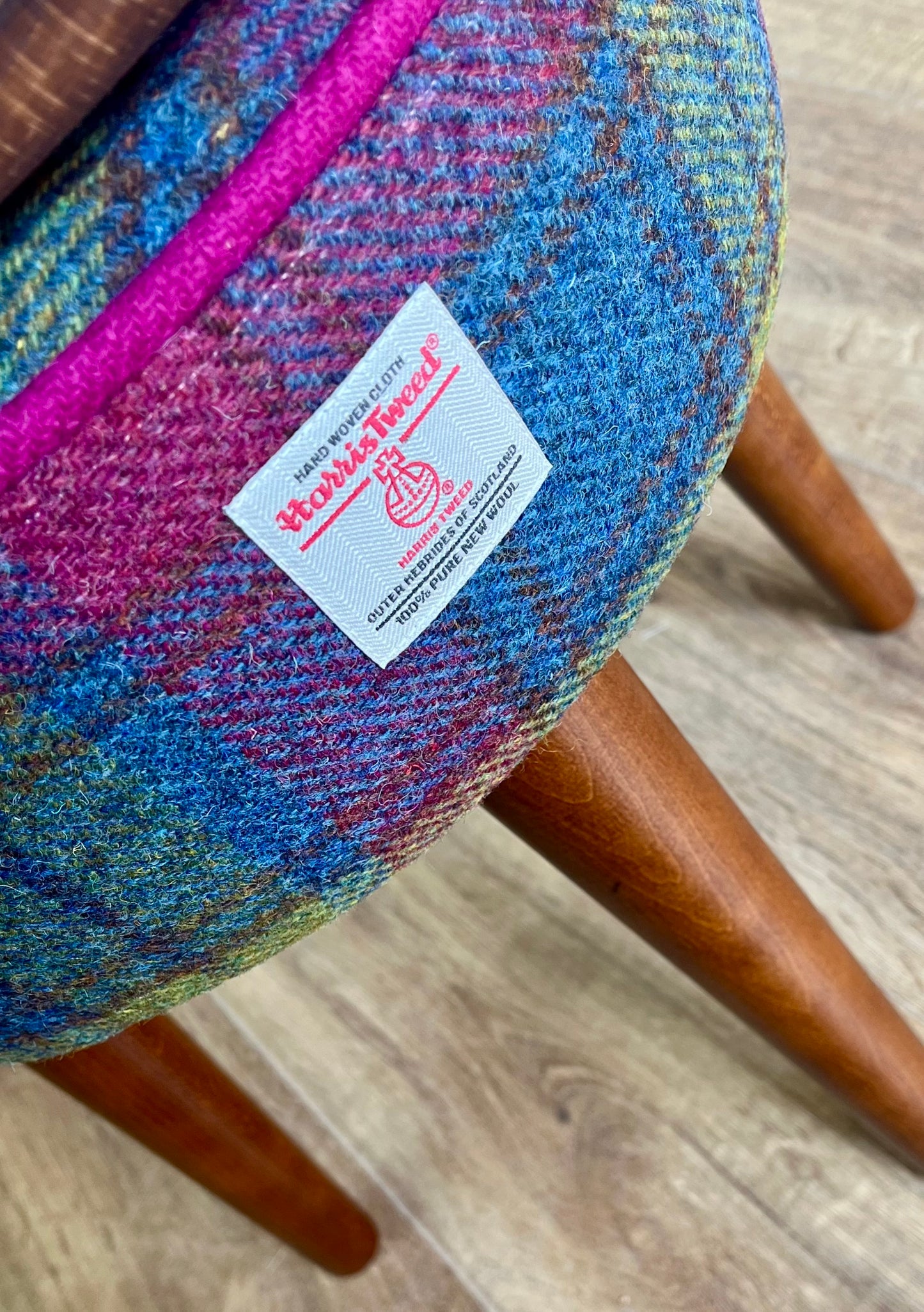 Colourful Tartan Harris Tweed Table Footstool with Fuchsia Piping and Removable Wooden Top